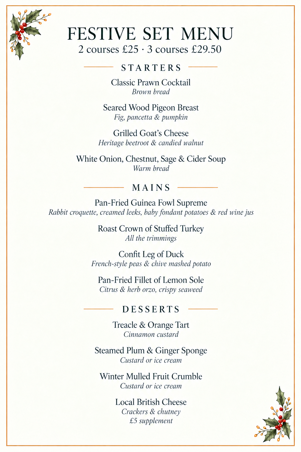 The Bakers Arms Festive Set Menu - two courses £25, three courses £29.50