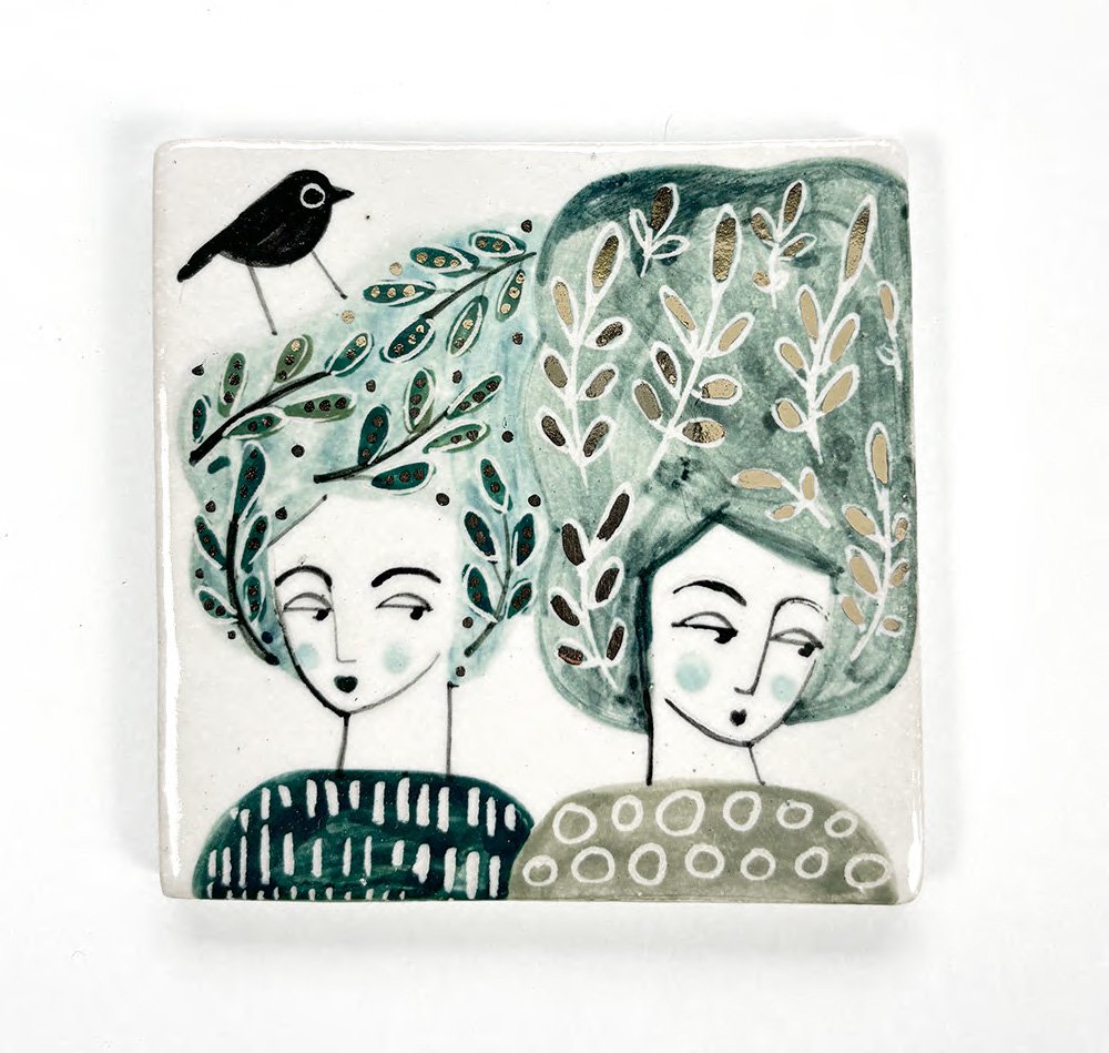 Wild women with Bird Tile with Lustre
