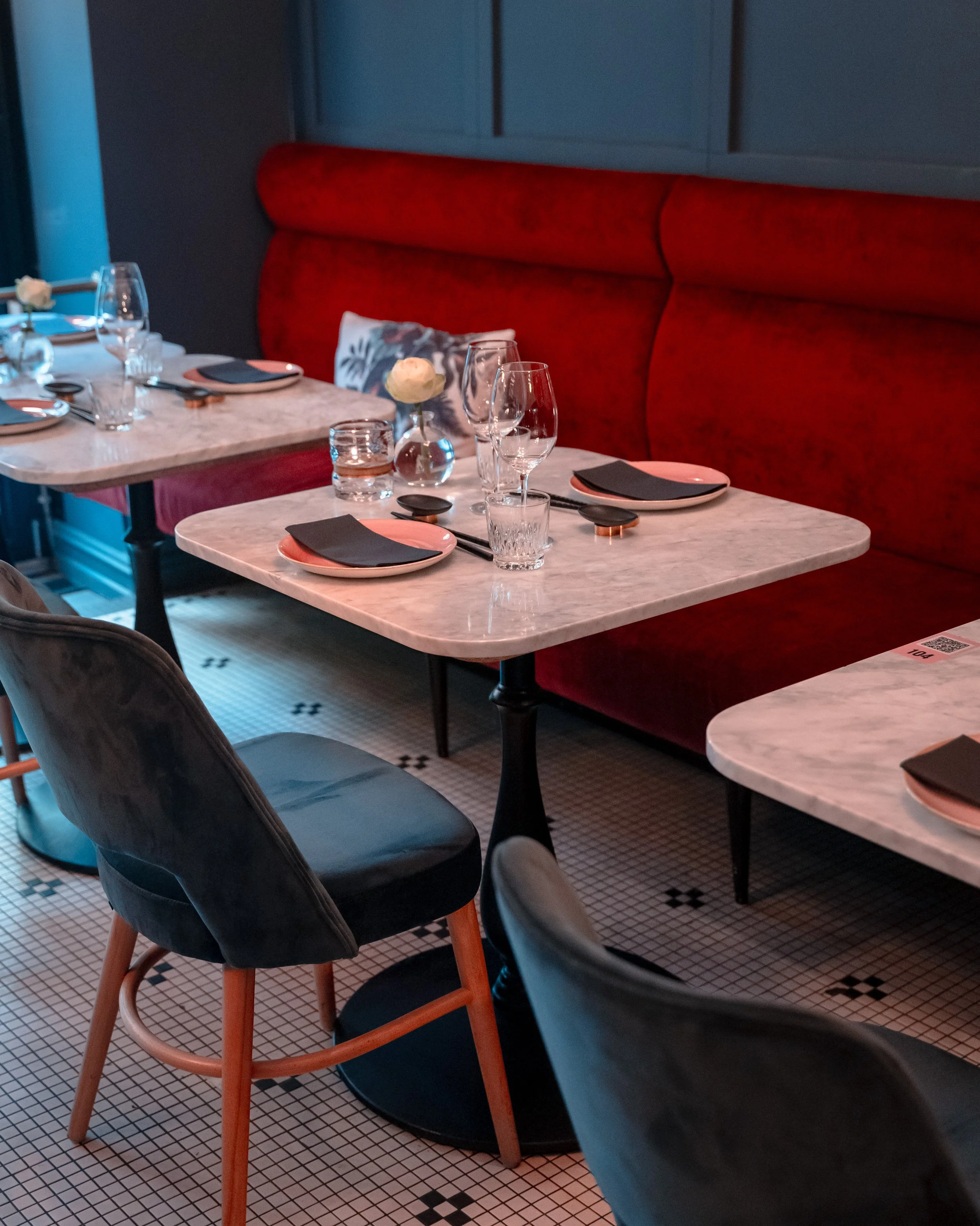 The restaurant offers a mix of sofas and smaller tables.