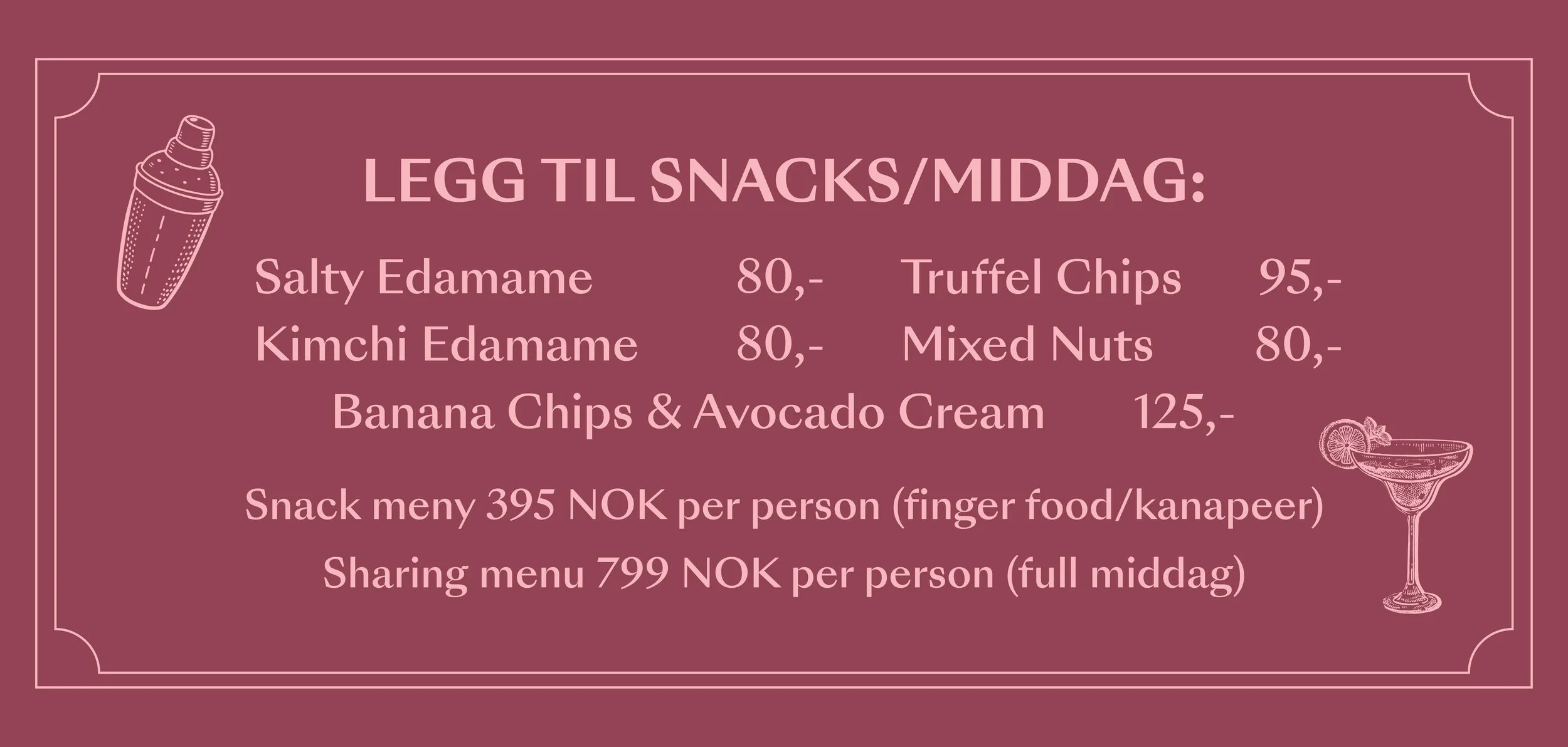 En meny med snacks og middagsalternativer, inkludert saltet edamame, kimchi edamame, bananchips med avokadokrem, truffle chips, blandede nøtter og andres, på en rosa bakgrunn.