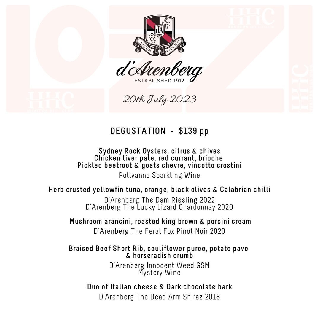 Booking now open for the d&rsquo;Arenberg wine dinner @ the Hunters Hill Club