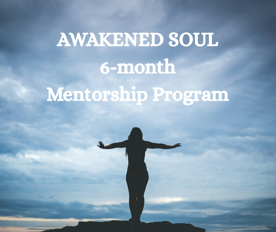 Silhouette of a woman standing on a rock with outstretched arms against a cloudy sky, with overlay text reading 'AWAKENED SOUL 6-month Mentorship Program'.