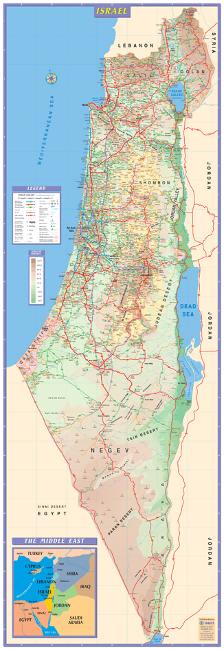 Map with double side lamination with 2 hang tabs. Size: 21.5” X 65” (55 X 165 cm). English. Including a small map of the Middle East.