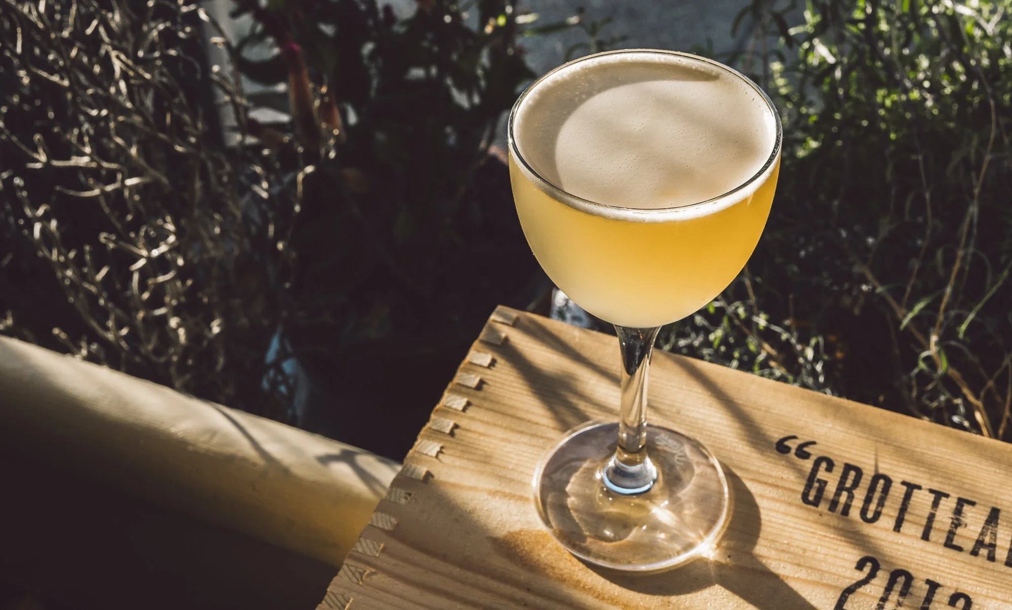 A cocktail in a coupe glass on a wooden surface with a shadow and sunlight, with a blurred background of foliage and a fence.