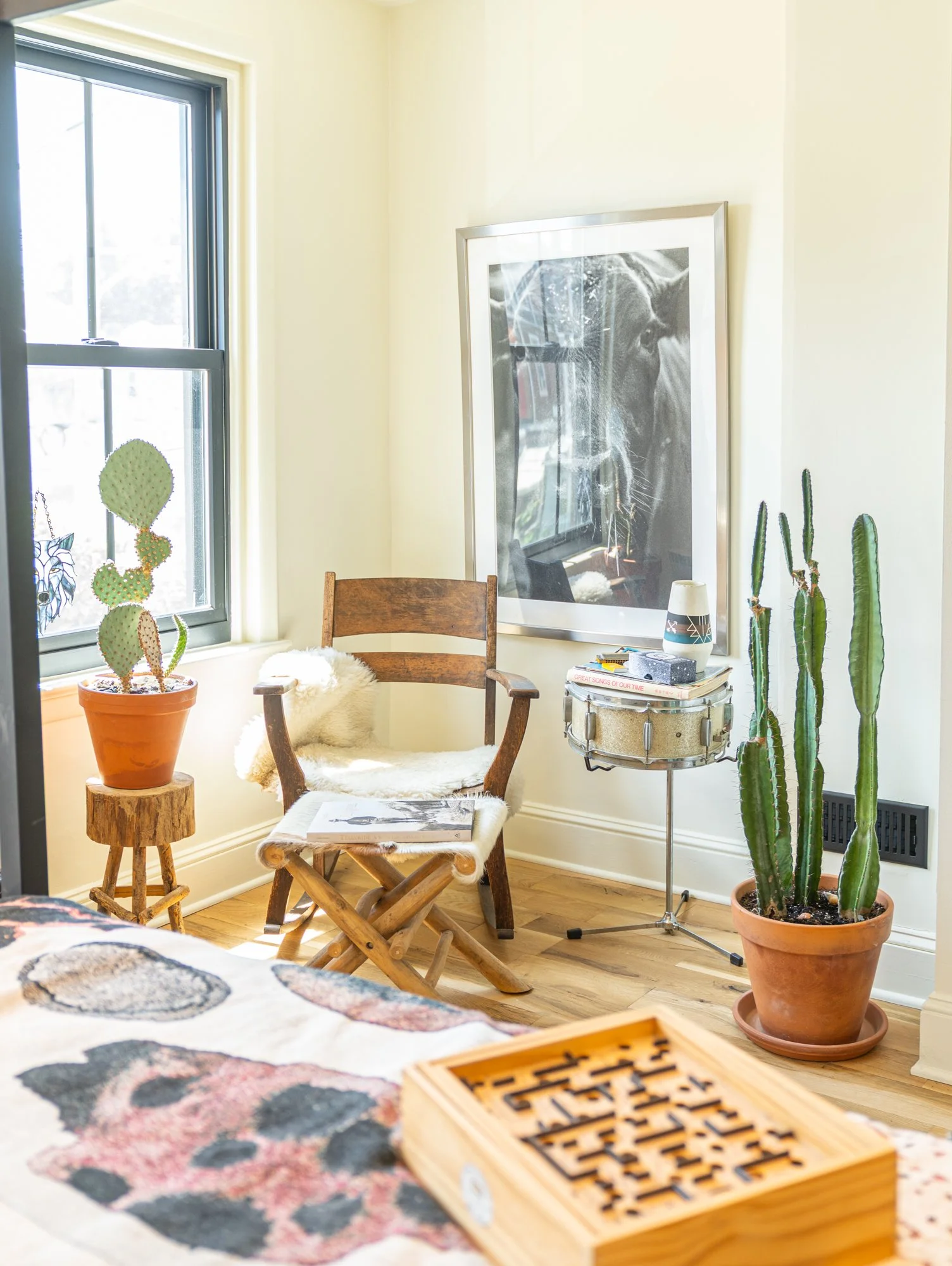 Cozy corner of a room with a wooden chair, a side table, potted cactus plants, a large framed black-and-white photo of a dog, and a board game on a bed in the foreground.