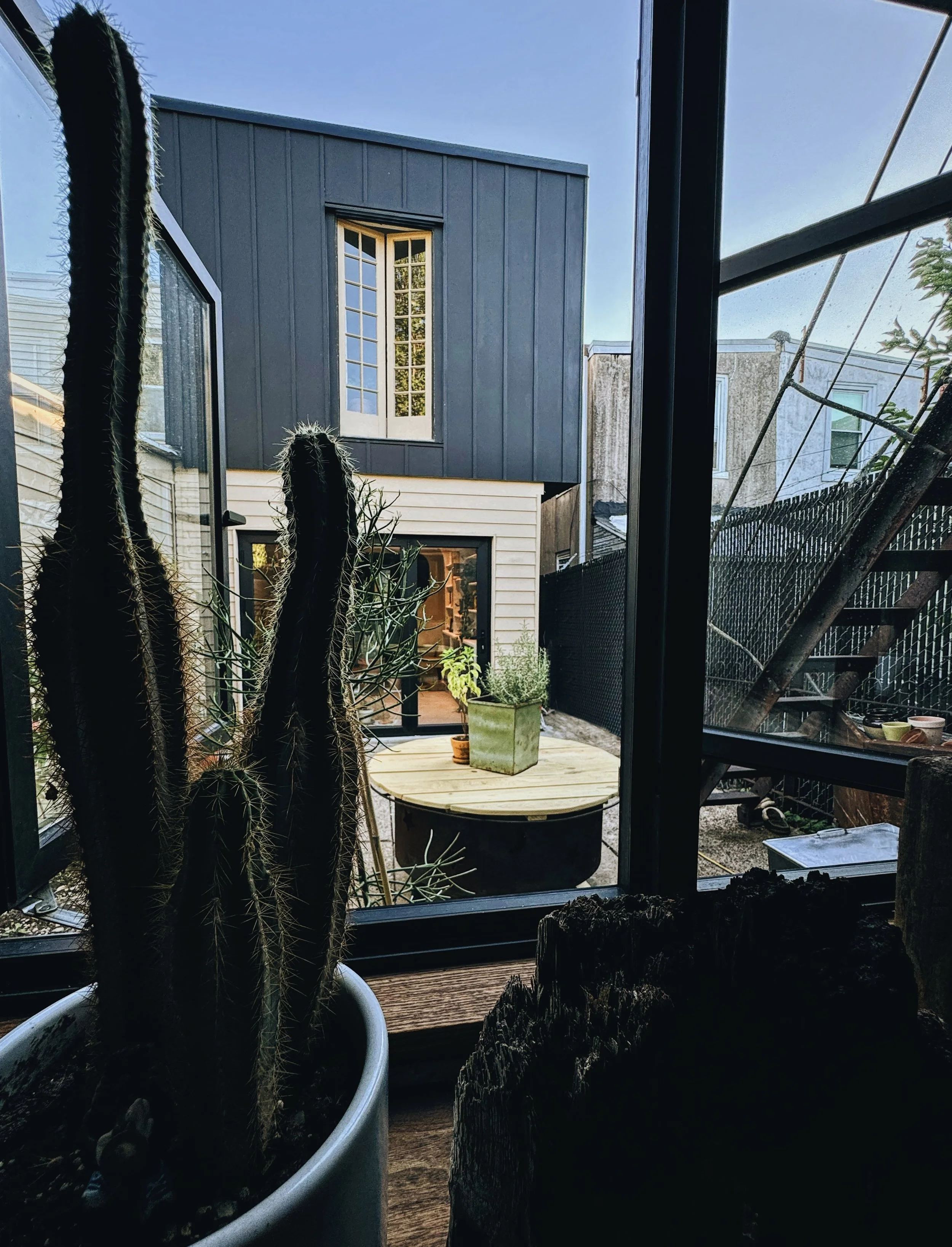 View of a small outdoor patio with a potted cactus plant in the foreground, seen through a glass window. The patio has a round wooden table with a green planter and some books, surrounded by metal fencing. There are neighboring buildings, one with mo
