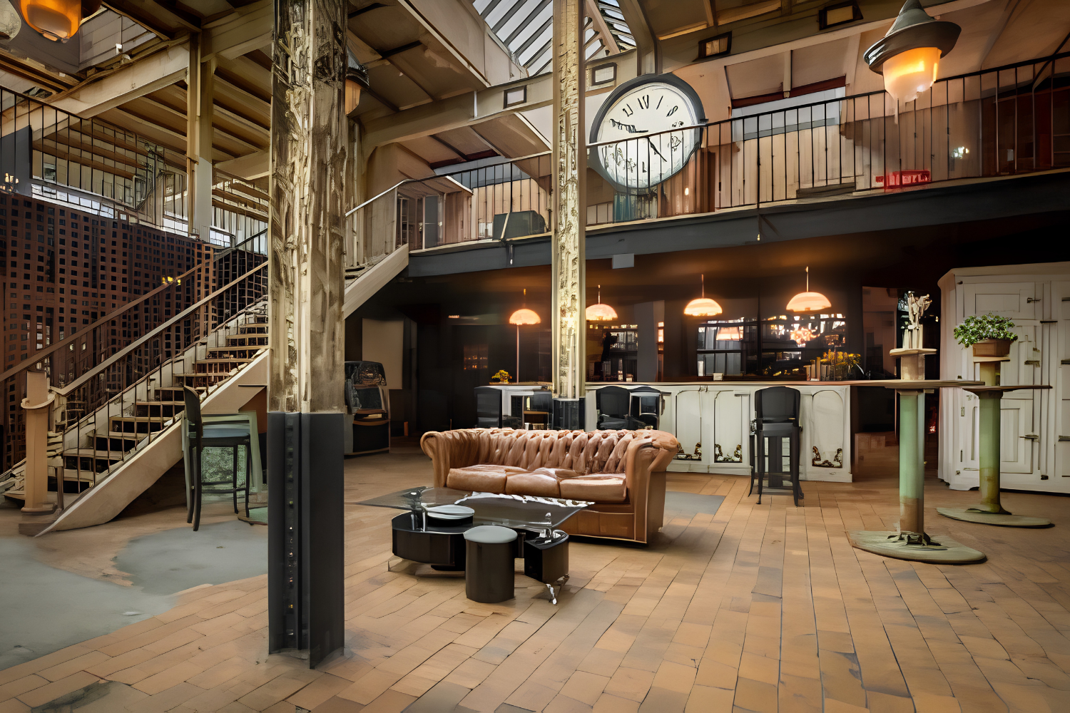 Salon industriel avec grande horloge et escalier en métal chez Matériaux Authentiques à Tourcoing