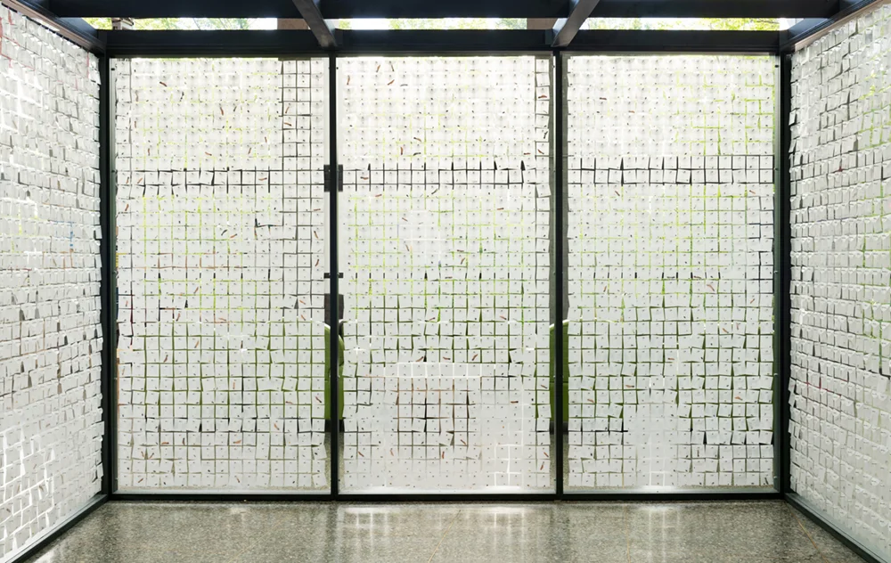 Vault: Exchange interior back wall, August 2019 Interior back wall after public exchange event in June 2019. Community participants were asked to choose a wild or agricultural seed to place in the vault, and were given the photographic print they removed from the vault’s wall during the exchange.