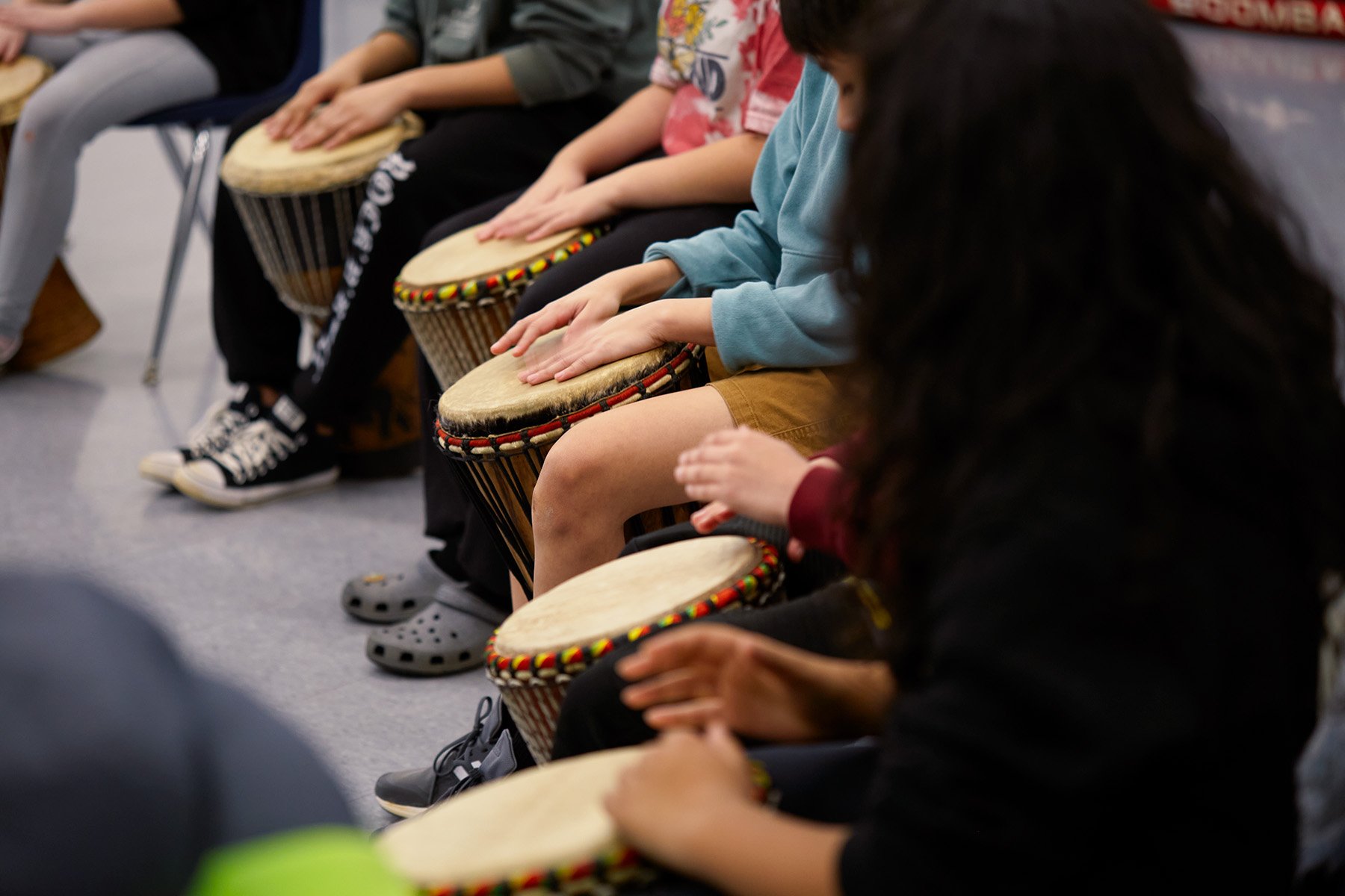  Drum circle in a class at a Chatham County, NC school, led by Diali Cissokho. 