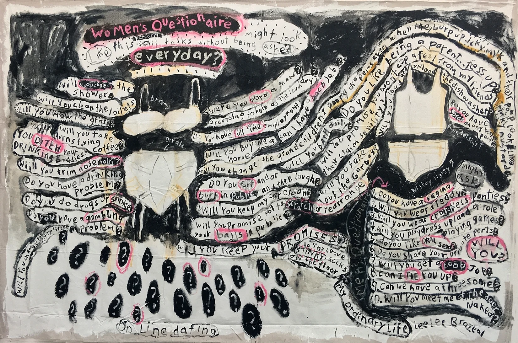 On Line Dating Series-questionaire- 72” x 108” Oil on unstretched canvas.
