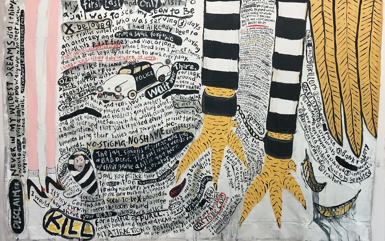 My First Last and Only Visit to Jail- 105" W x 70" H Oil on unstretched canvas