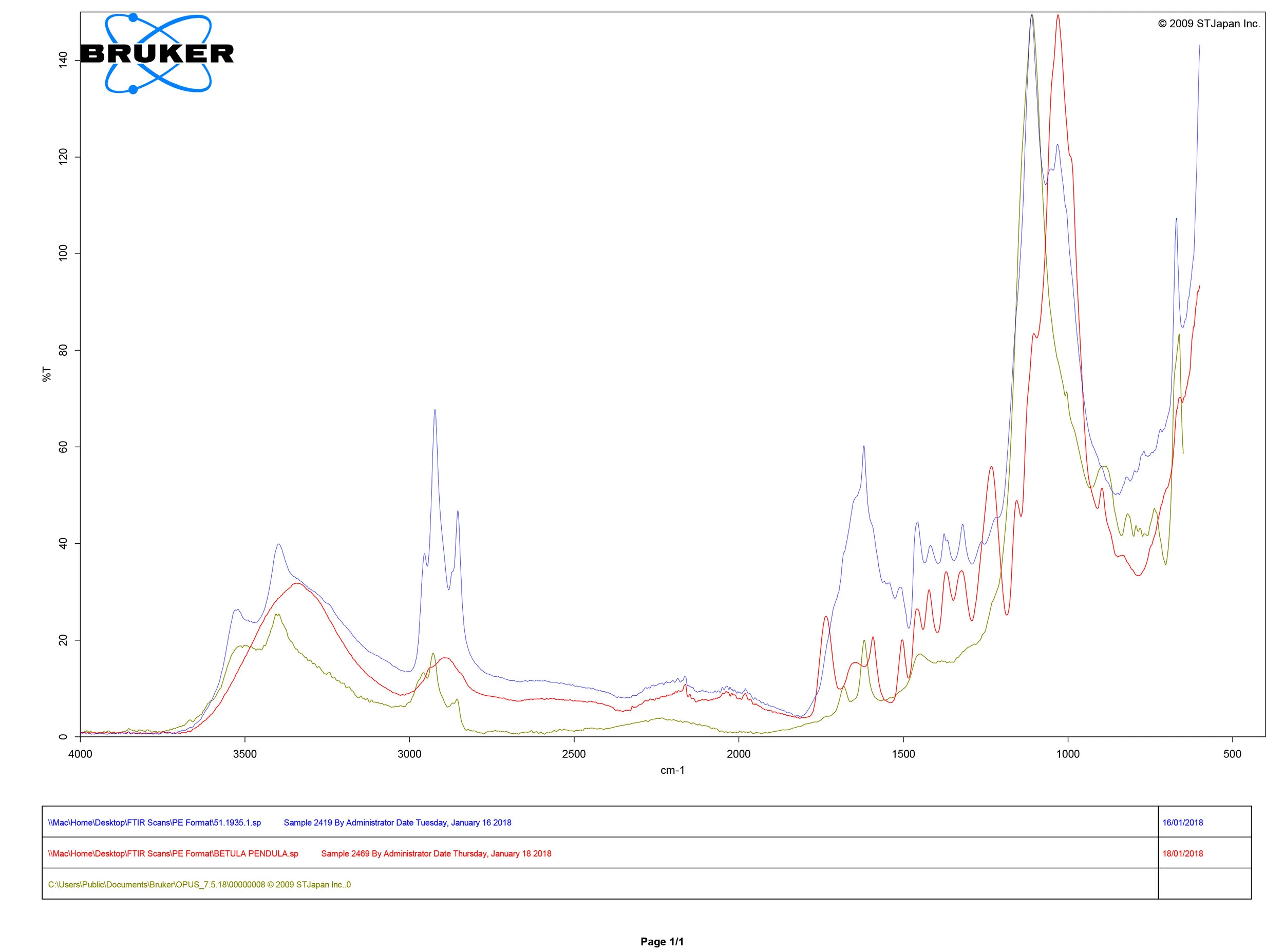 FTIR spectral analysis showing comparison of sample collected from trough 51.1935 (blue), a reference sample for Birch ( Betula pendula ) (red), and a reference sample for natural gypsum (green).