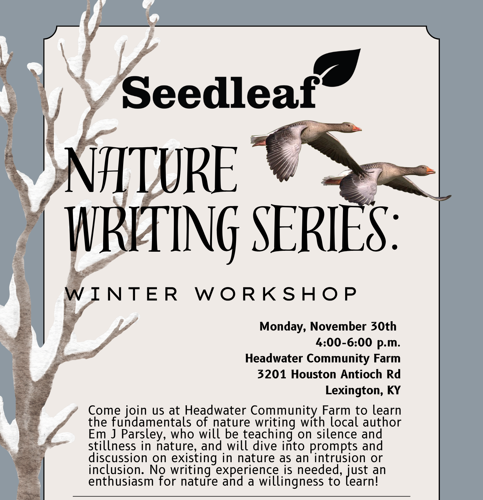 A  background of snow covered tree with no leaves stands to the left of Seedleaf logo and two winter geese flying