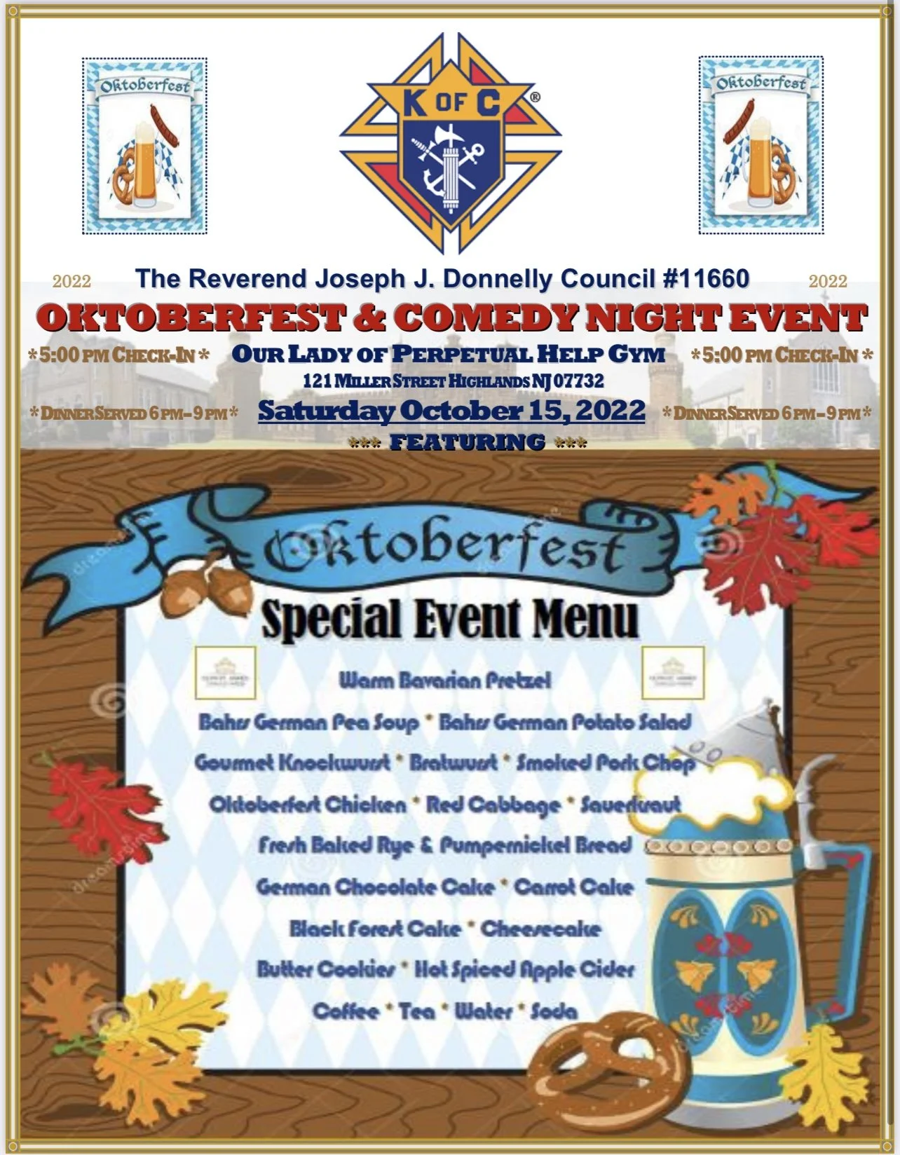 OKTOBERFEST DINNER, CRAFT BEER TASTING & COMEDY NIGHT 10/15/22 — OLPH