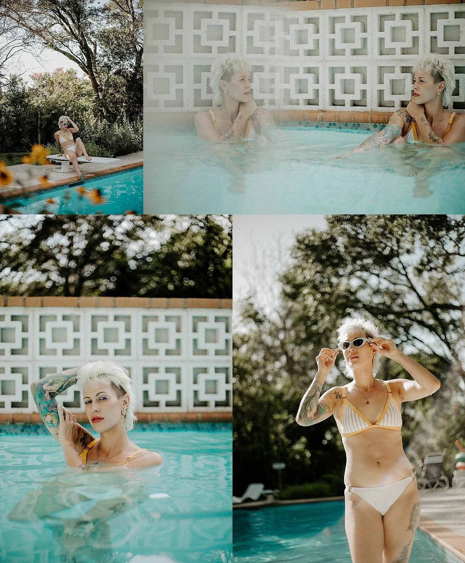 mom with cropped white hair and yellow bathing suit on diving board by Jessie Shaw Photo