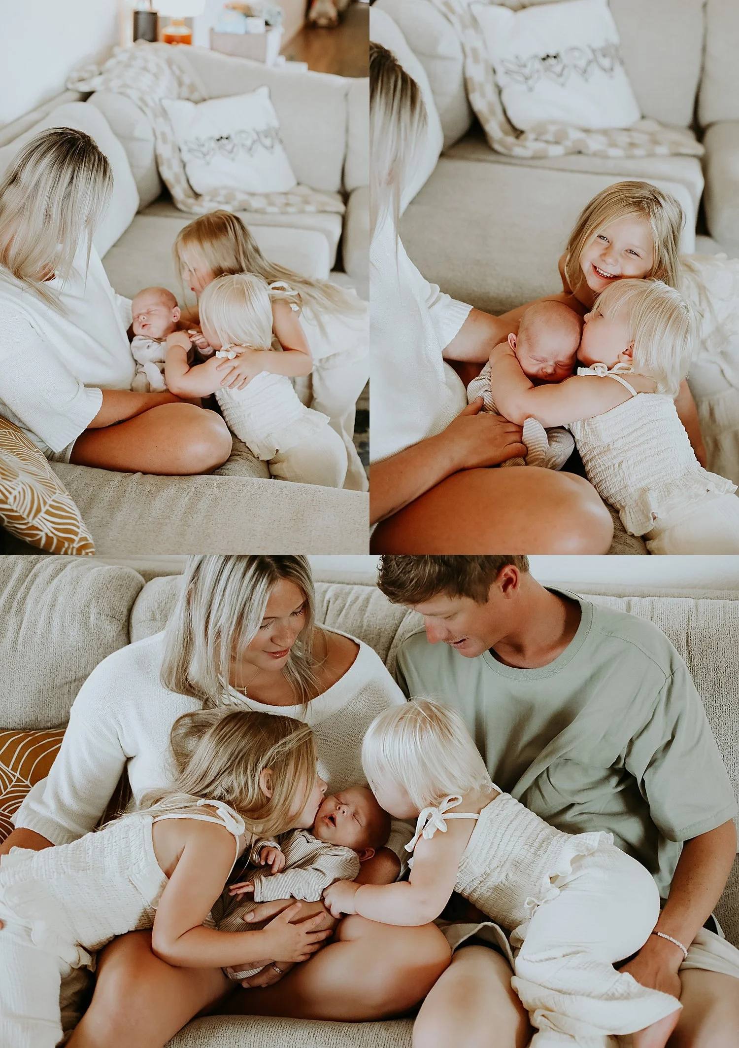 older toddler sisters lean in to kiss baby for in-home newborn session