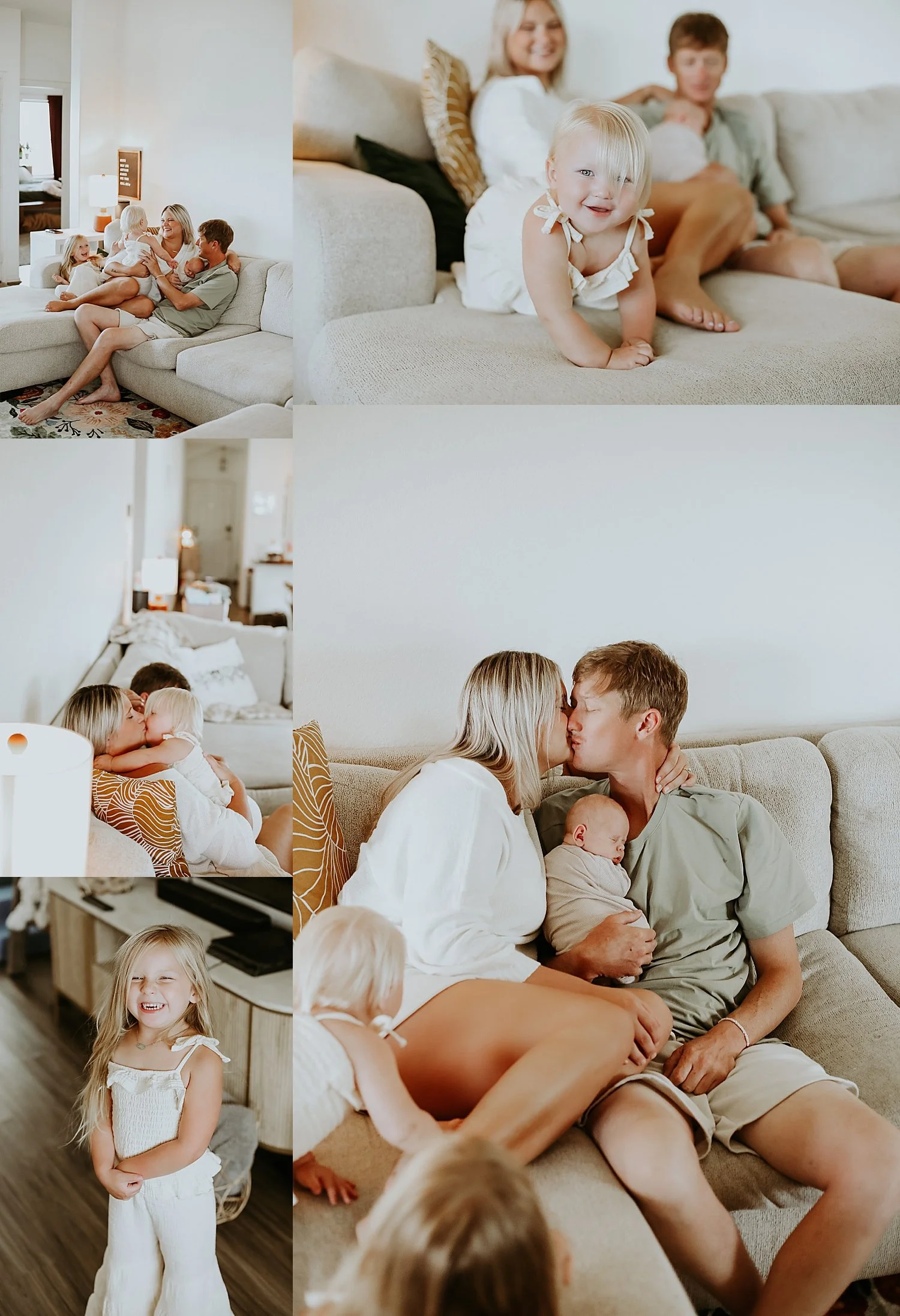 mom and dad steal a kiss while toddlers play for in-home newborn session