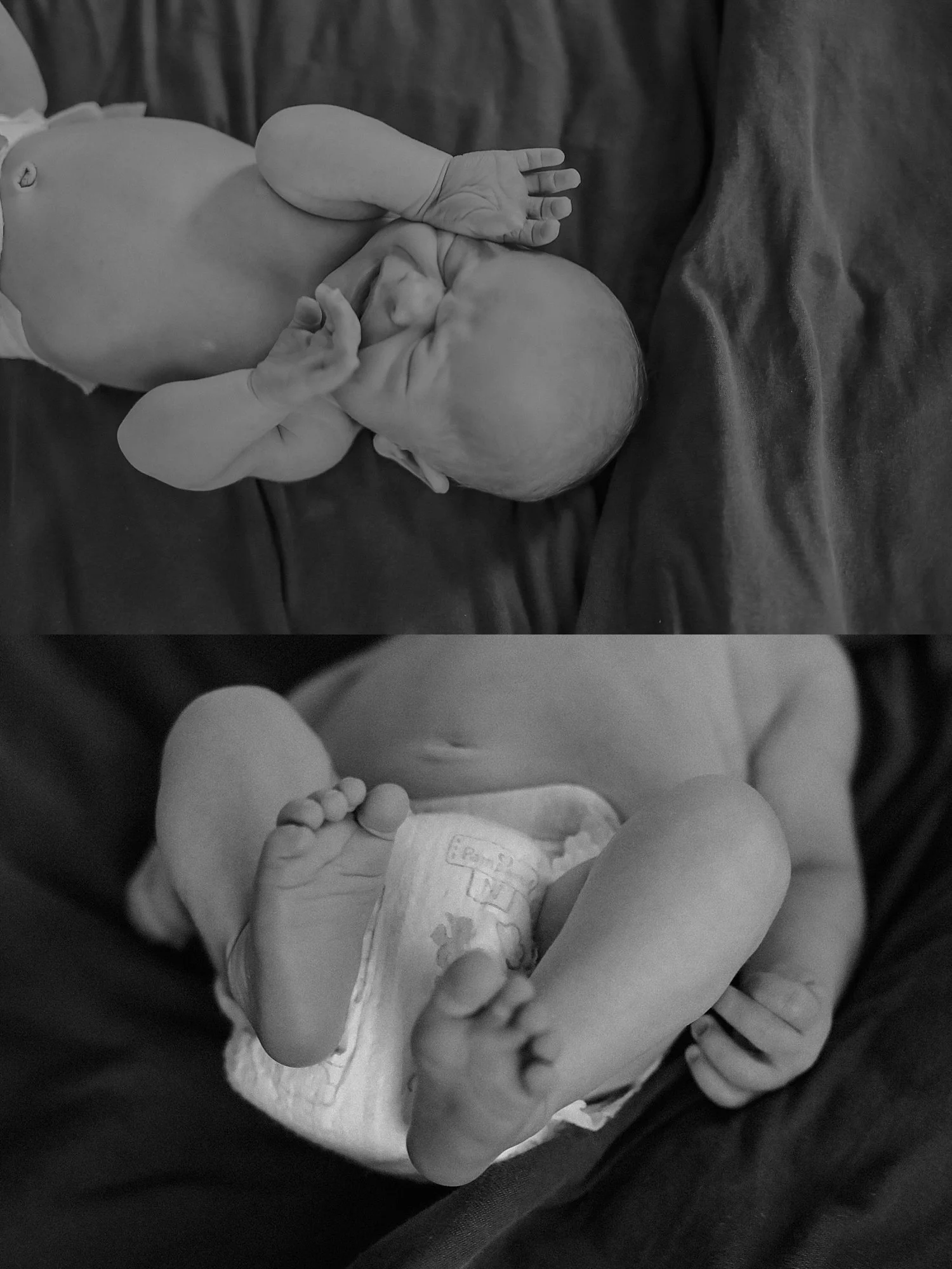 infant in a diaper lies on bed for in-home newborn session
