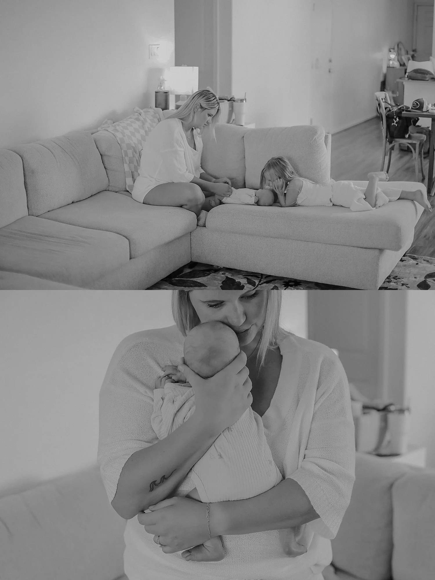 mom sits with daughter in living room, taking care of baby together by Austin family photographer