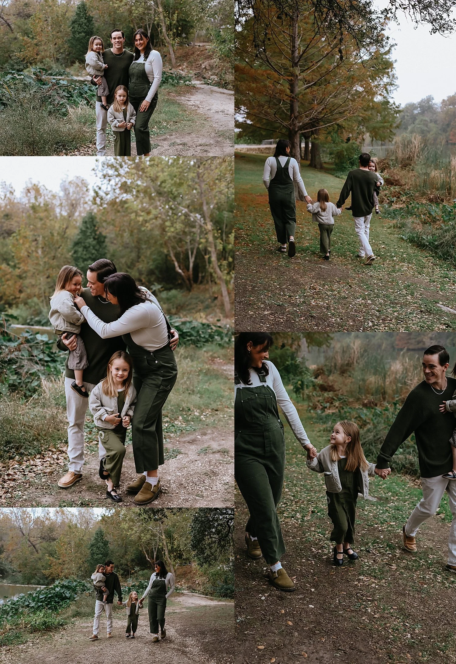  family in coordinating green and cream outfits for overcast fall session 