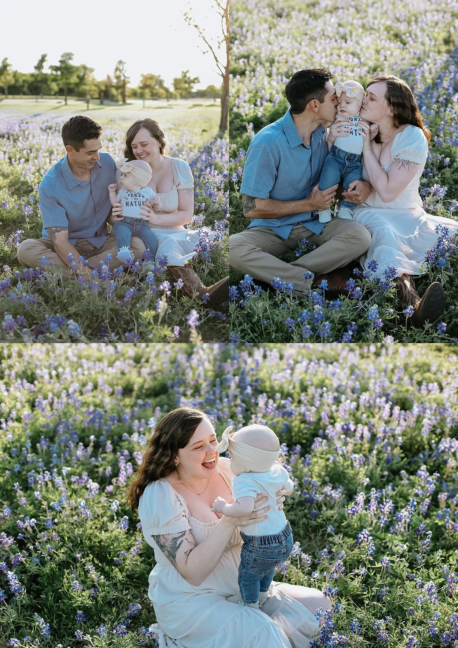  mom and dad hold their infant in the flowers by Jessie Shaw Photo 