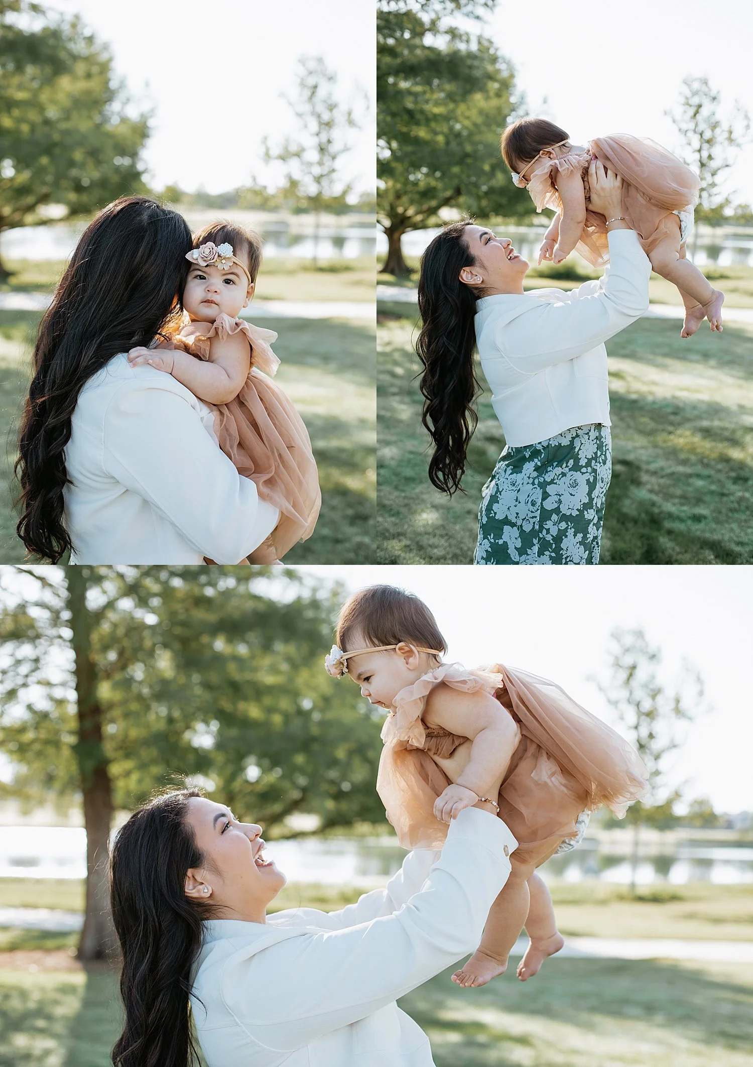  mother holds her baby girl and lifts her into the air by Austin family photographer 