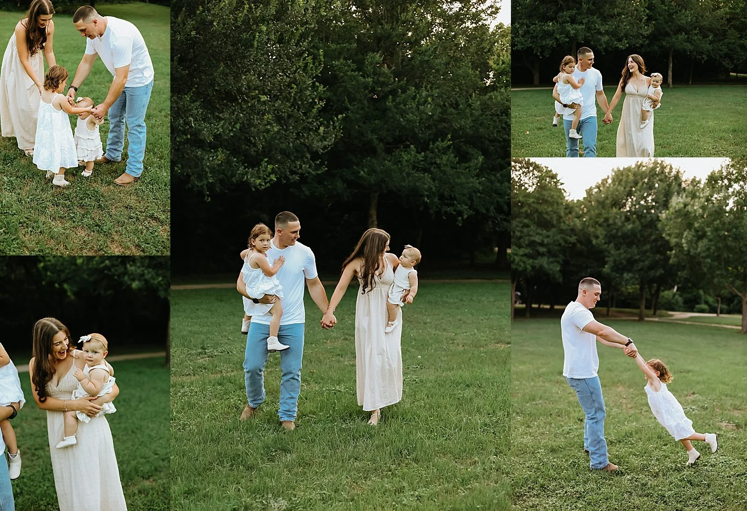 parents walk with their kids in green park for Spring family session 