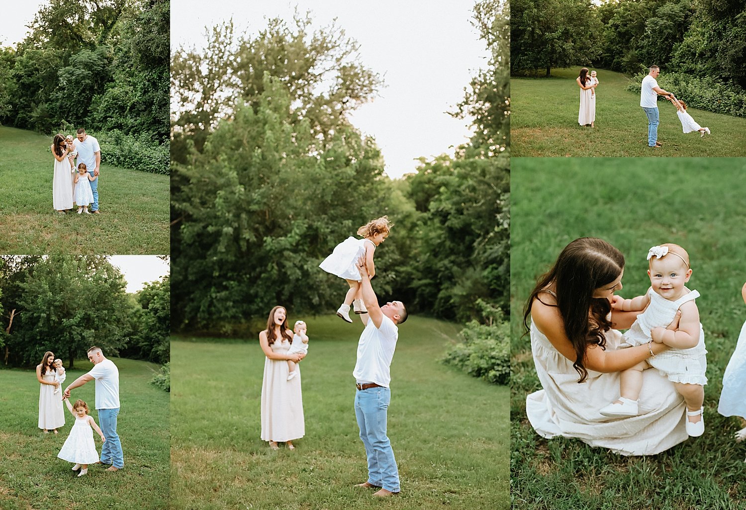  dad throws toddler up in the air while mom watches for Spring family session 