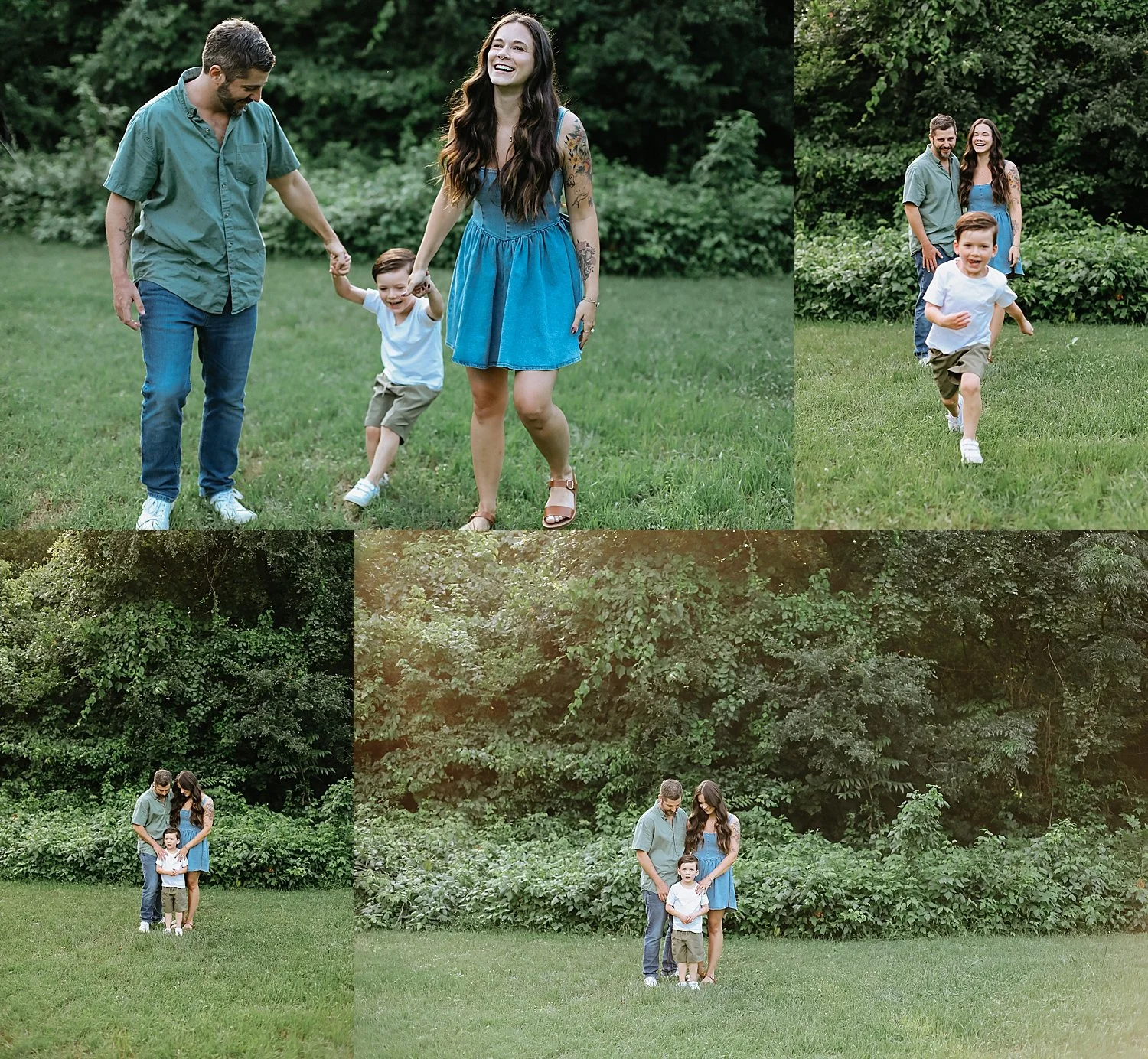  family of three laughs as they walk in park showing what to bring to your mini session 