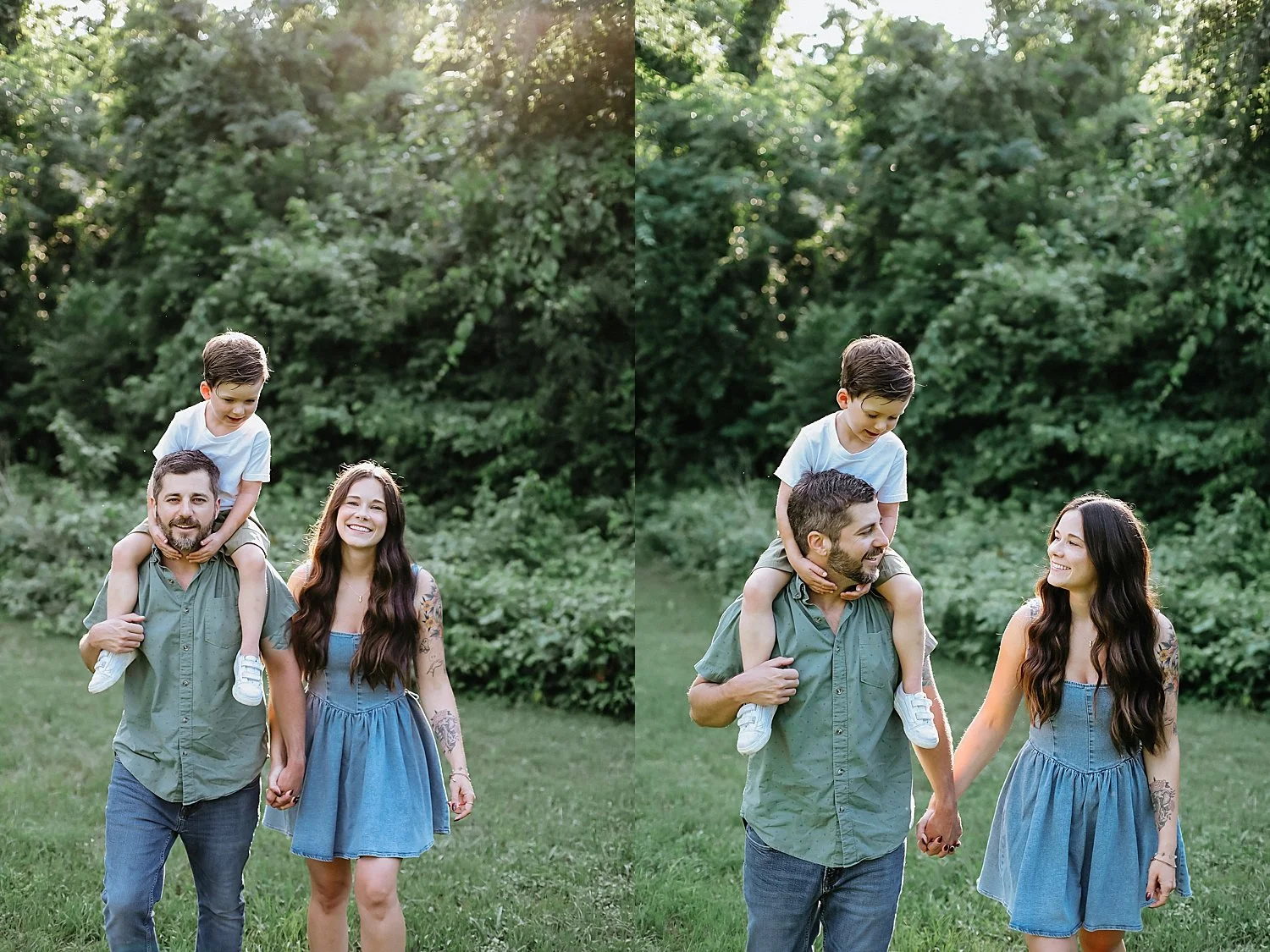  family of three walks hand in hand during golden hour by Round Rock family photographer 