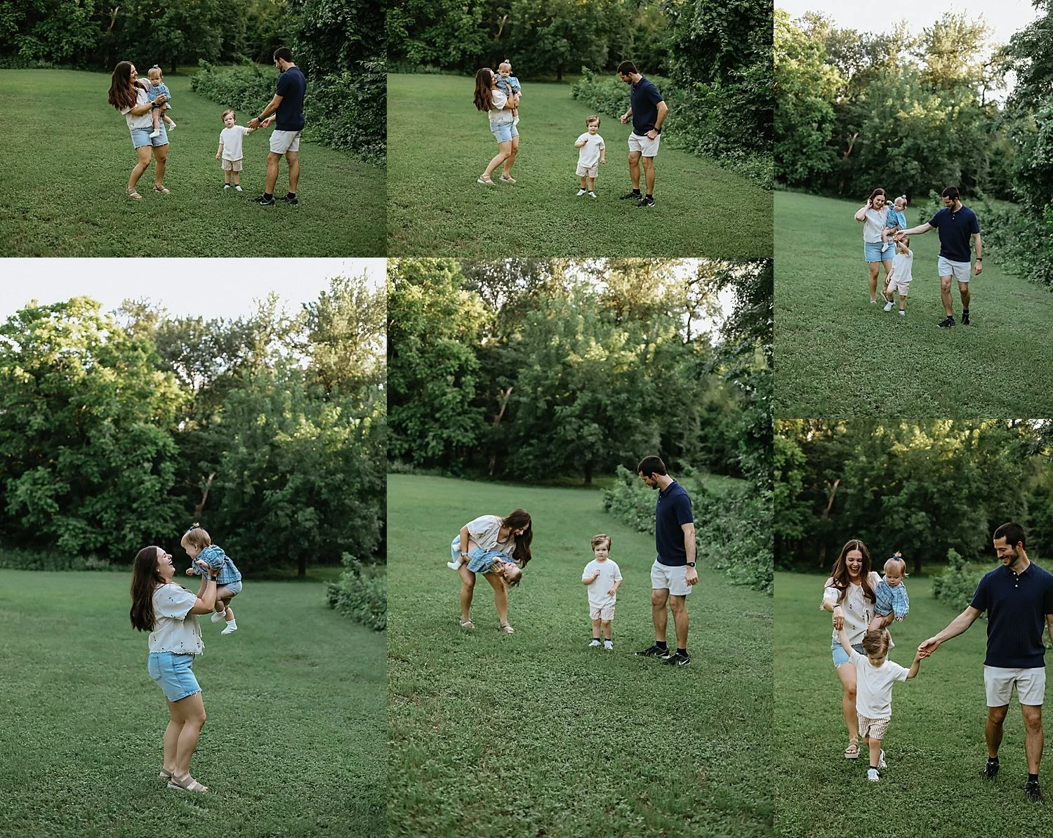  family of four plays on local park lawn during golden hour  