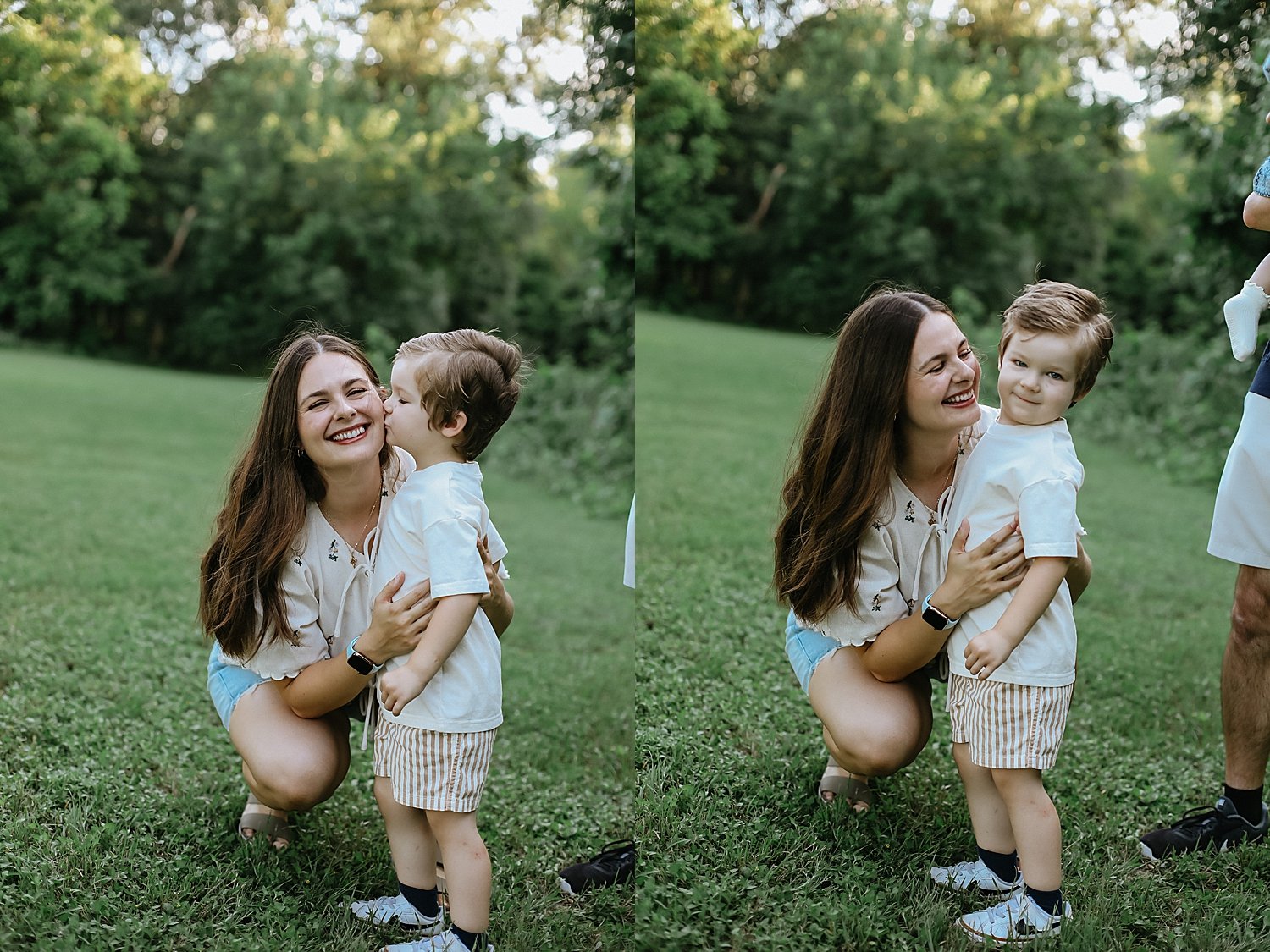  brunette mom leans down for toddler to give her a kiss by Round Rock photographer 