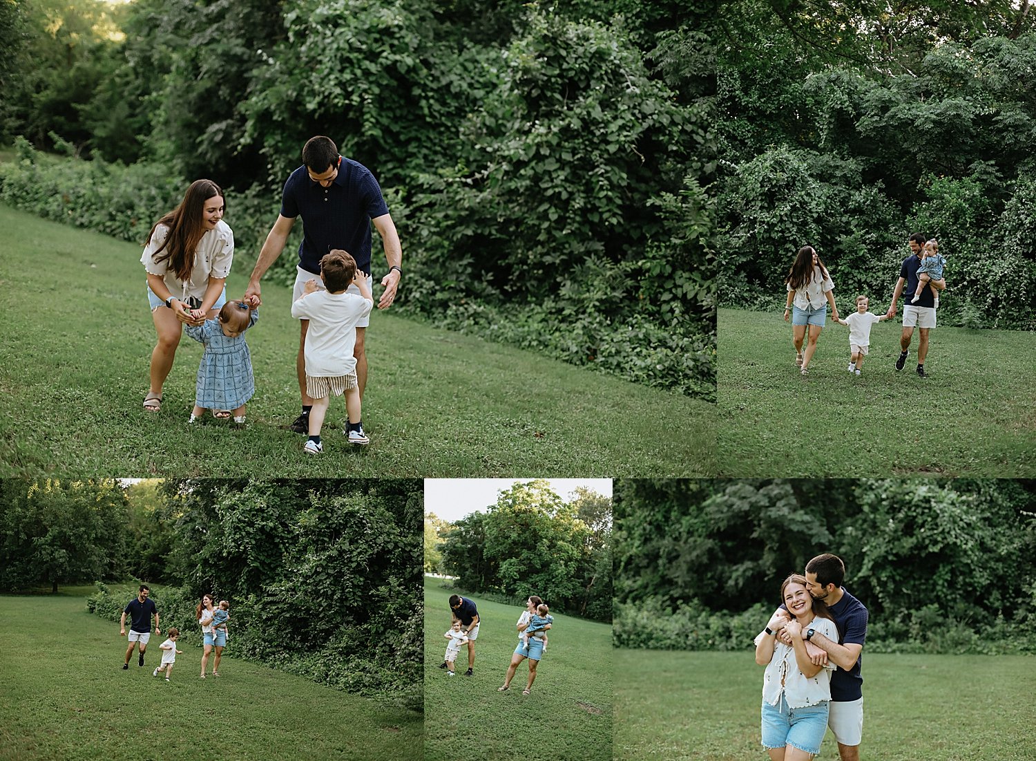  family of four walks in front of bank of trees in Texas 