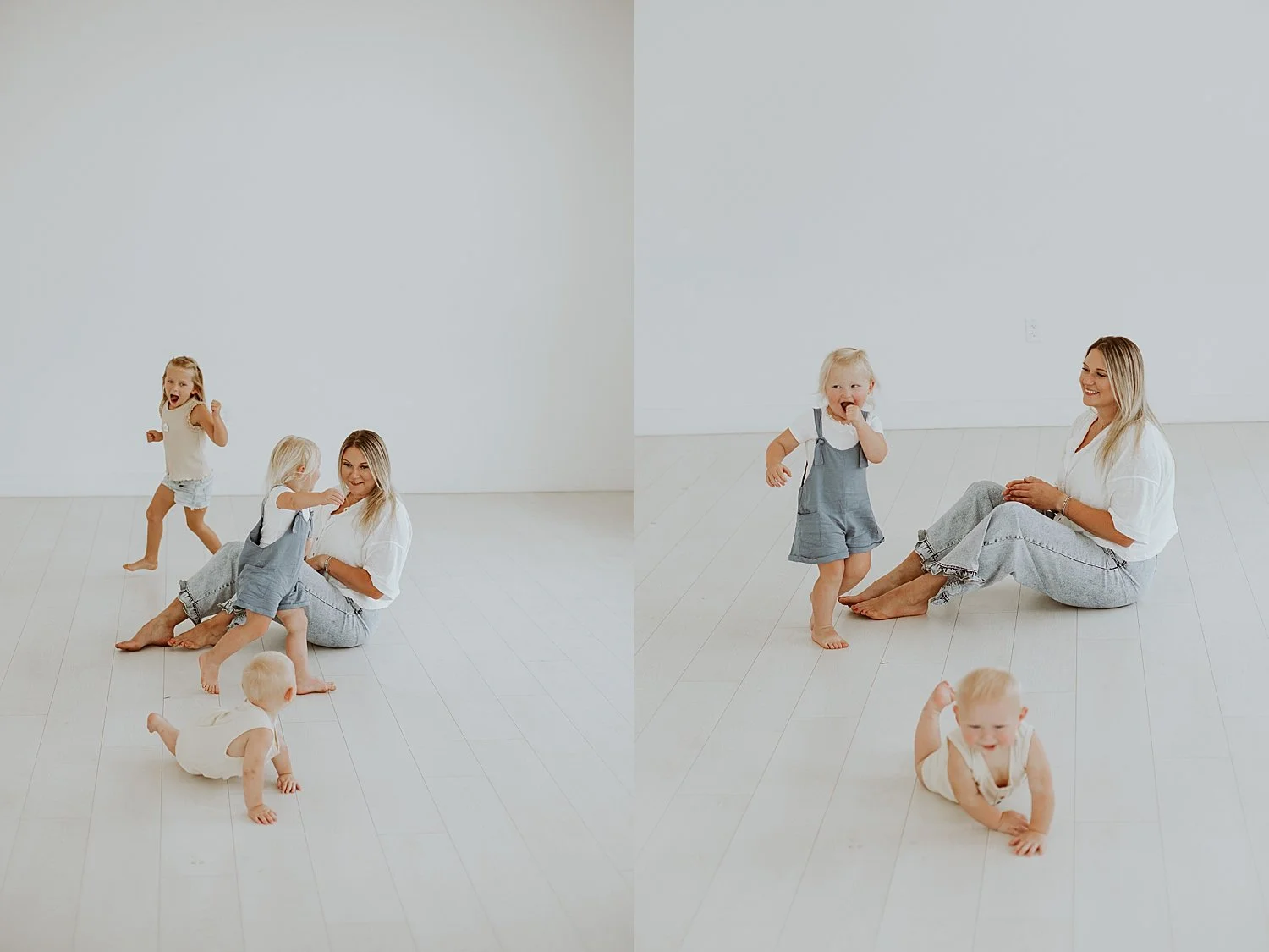  blonde woman in jeans and white shirt on floor with toddlers by Jessie Shaw Photo 