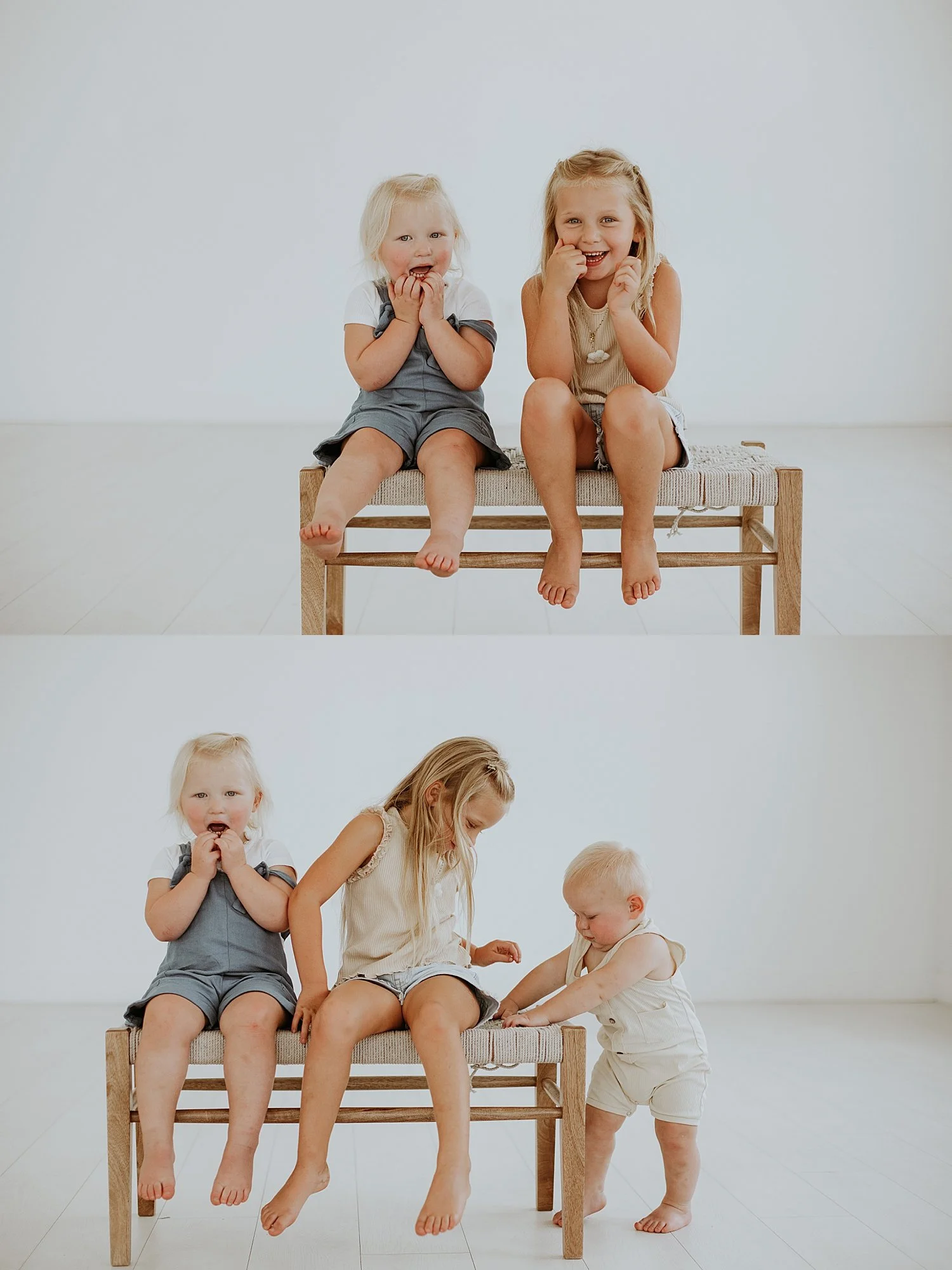  toddler sisters sit on wooden bench in white space by Jessie Shaw Photo 
