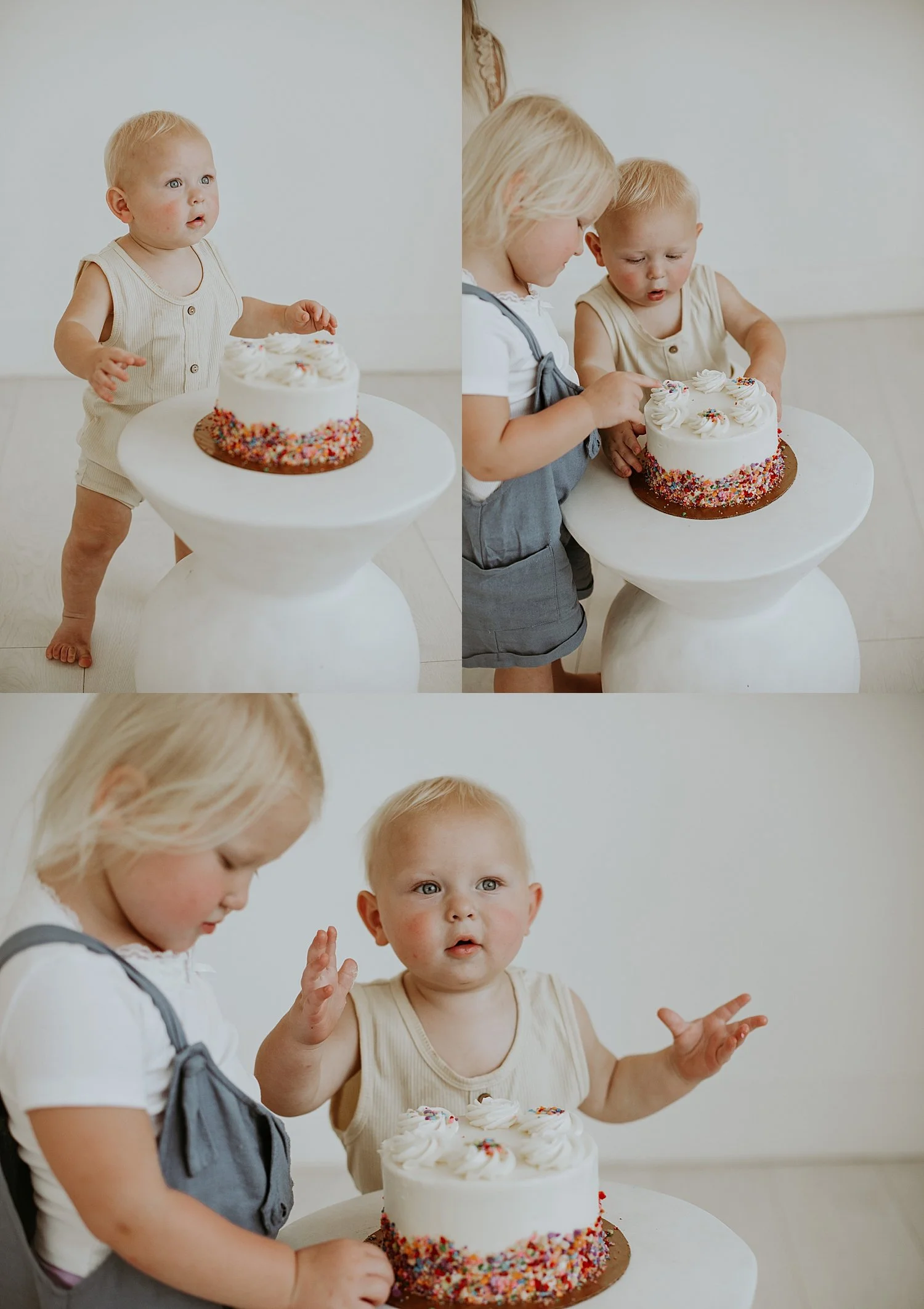  siblings gather around close for cake smash with little brother 