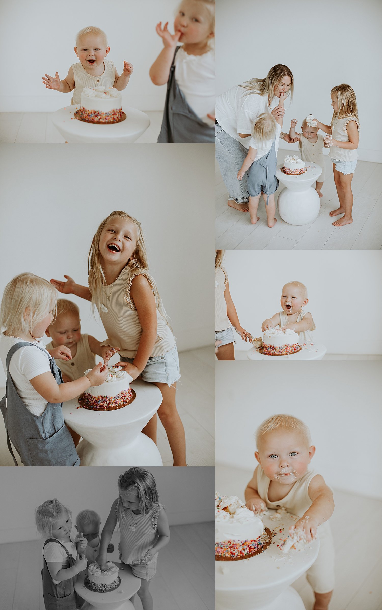  three small children laughing and enjoying a cake smash in studio  