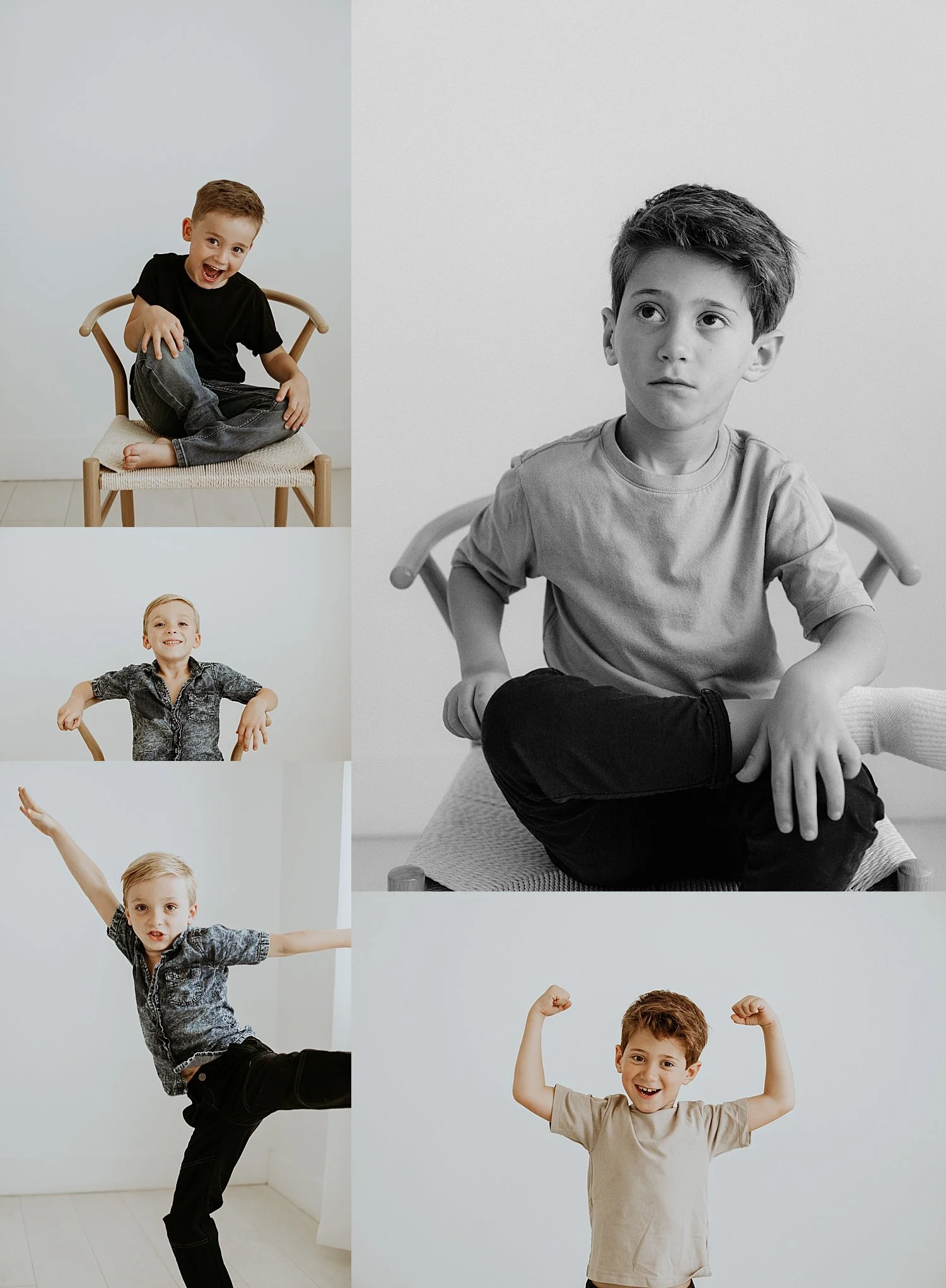  little boys pose on chairs in studio for back to school photos 