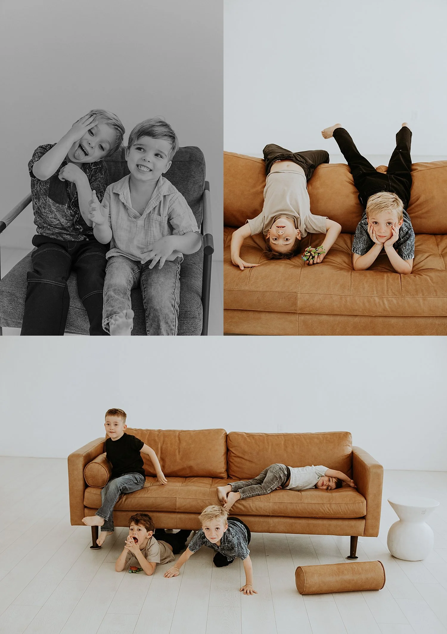  little boys who are friends climb over leather couch in studio for back to school photos 