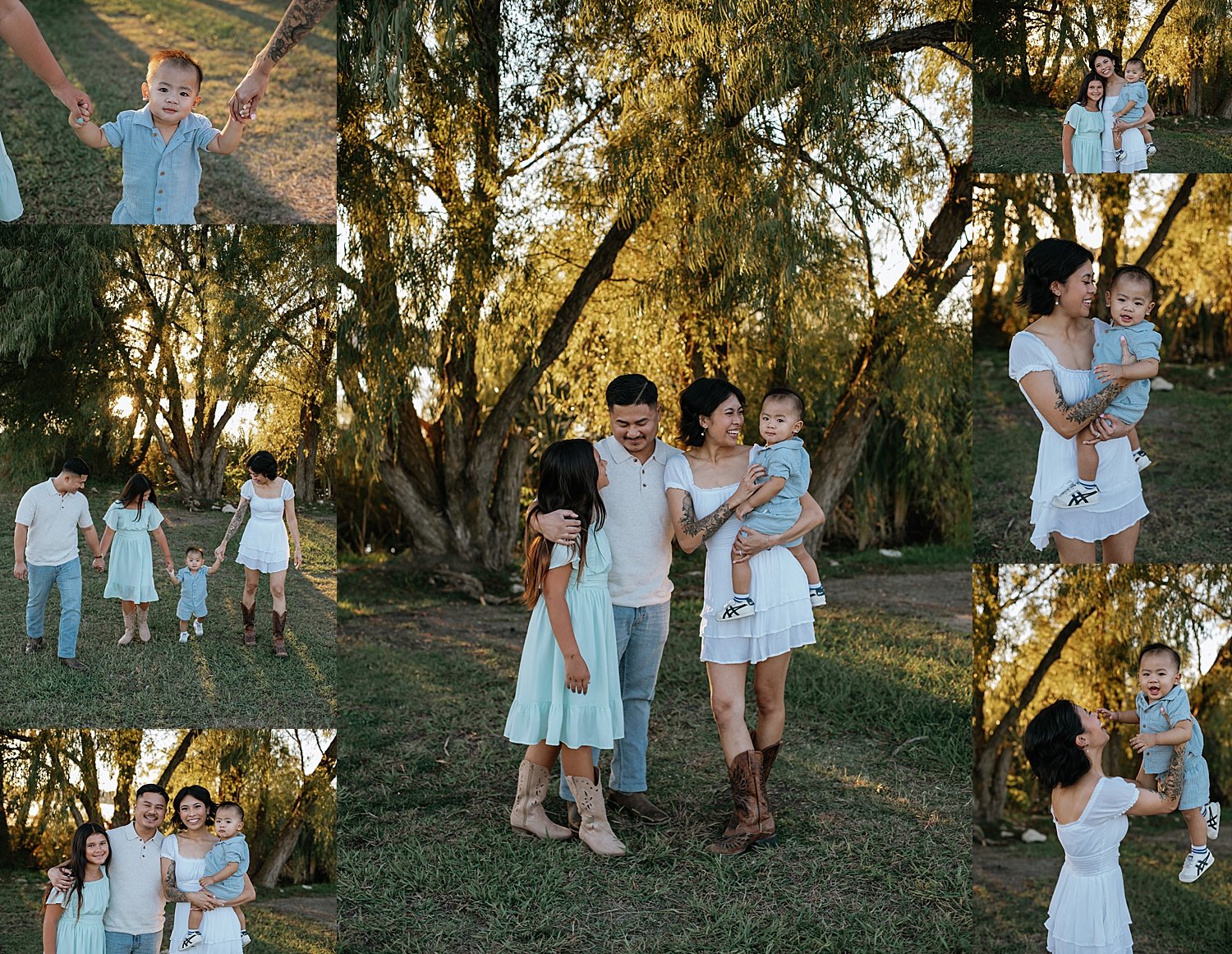  parents with their two kids in front of a tree for photo shoot at Lake Pflugerville 