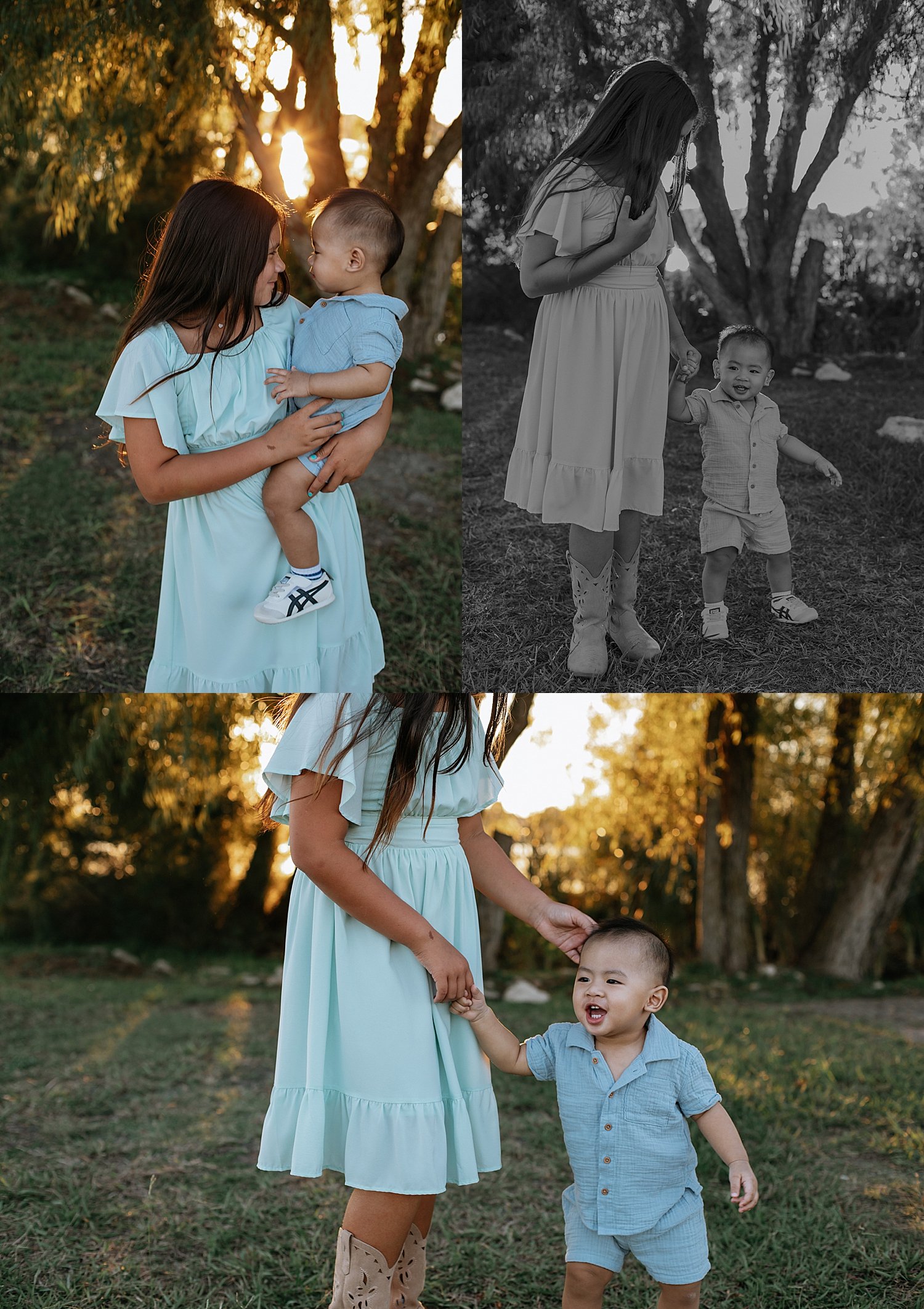  older daughter holds one year old in front of tree for photo shoot at Lake Pflugerville 
