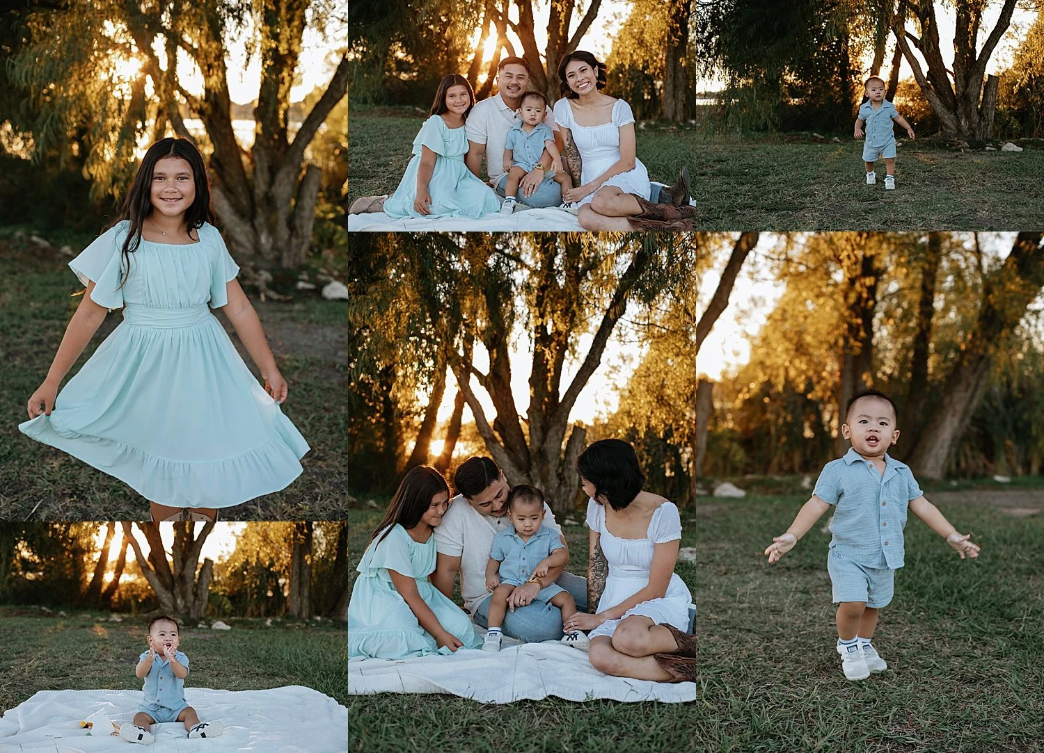  kids sit with parents on blanket in grass by Jessie Shaw Photo 
