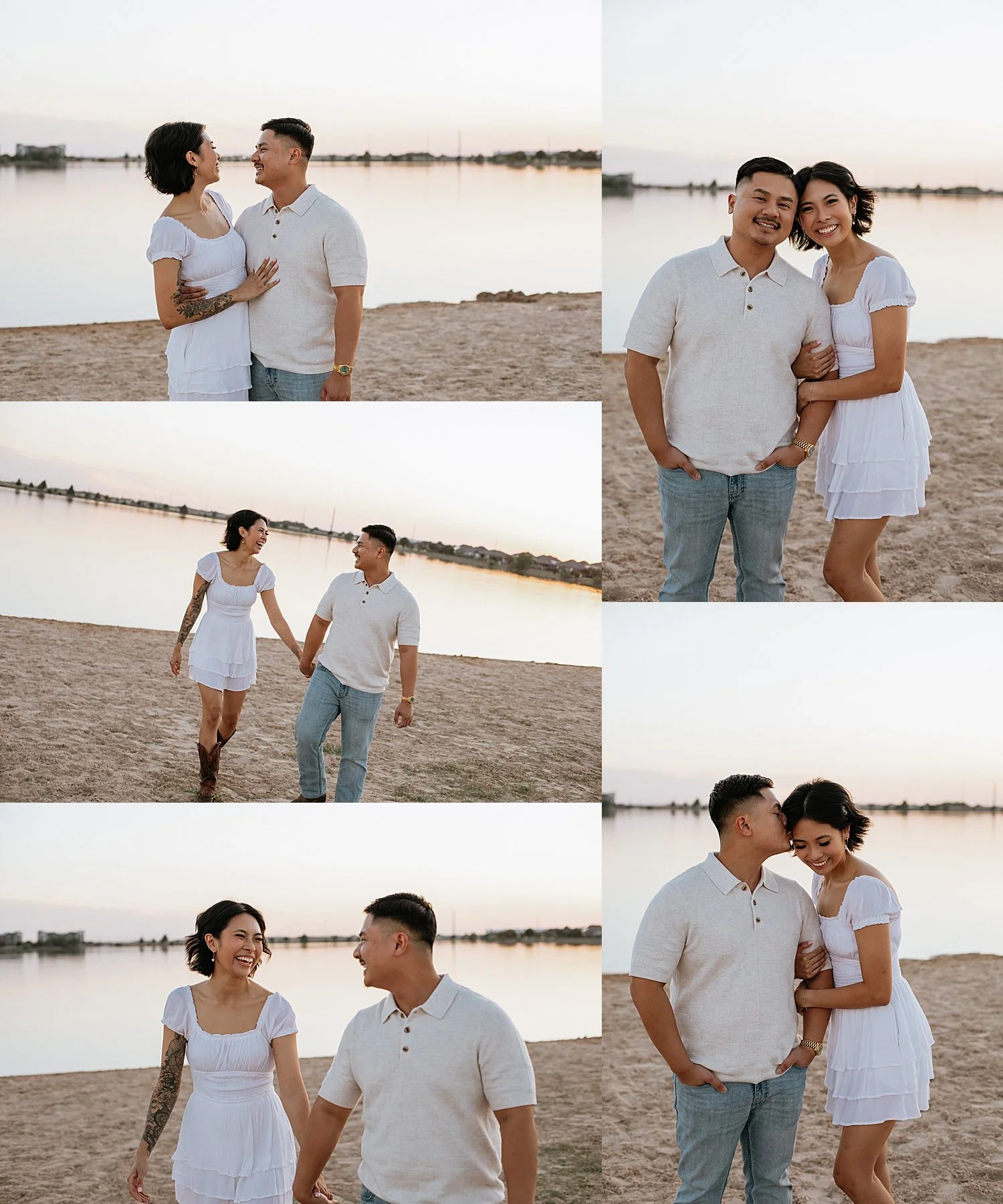  couple embrace during golden hour on beach for photo shoot at Lake Pflugerville 