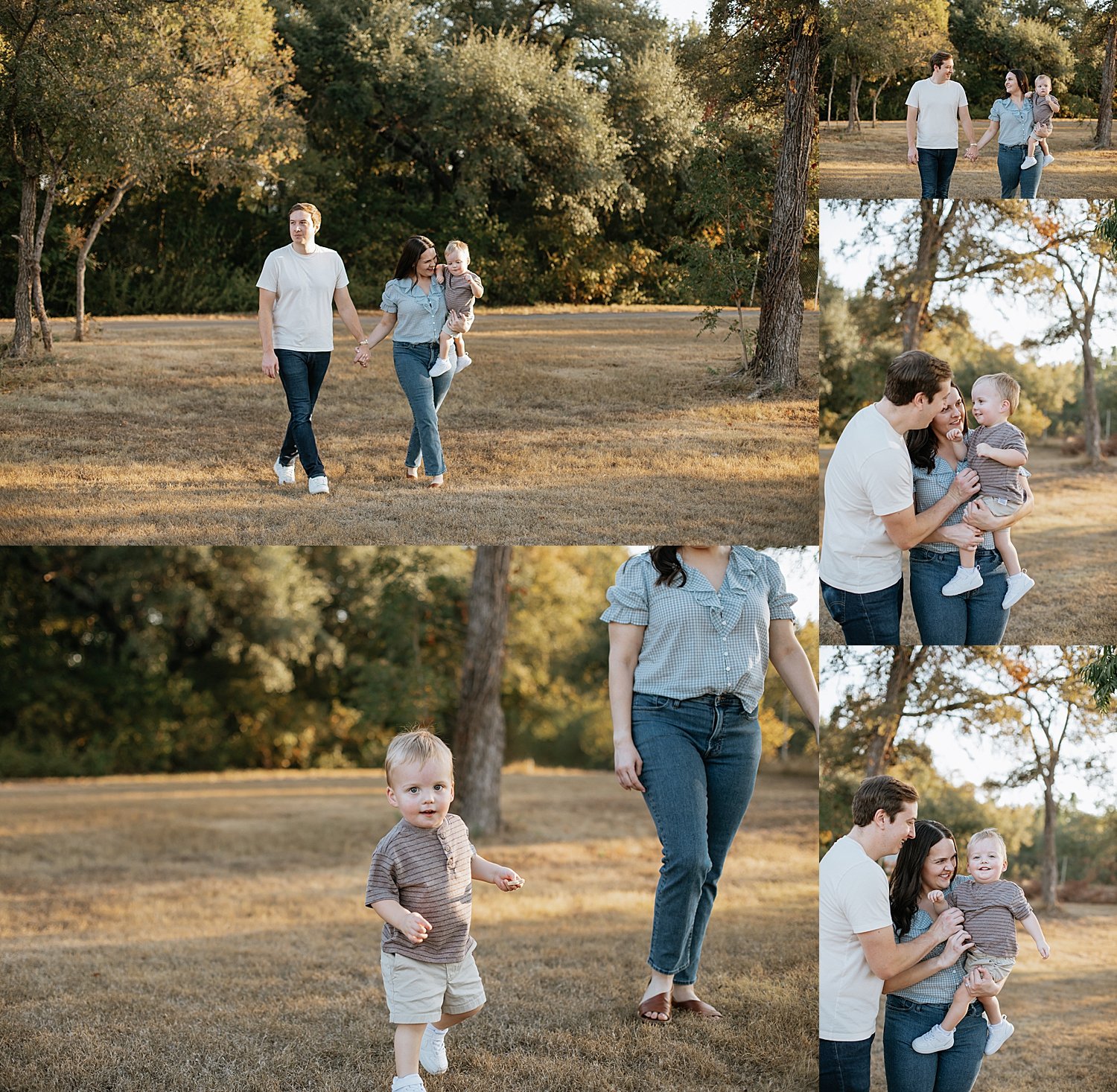  parents walk through the field surrounded by trees by Round Rock Family Photographer 