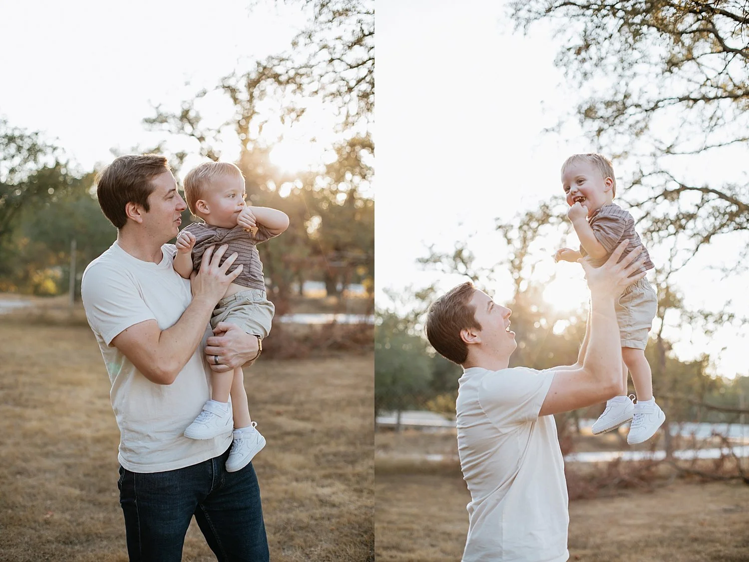  dad throws baby up in the air laughing at Old Settlers Park 