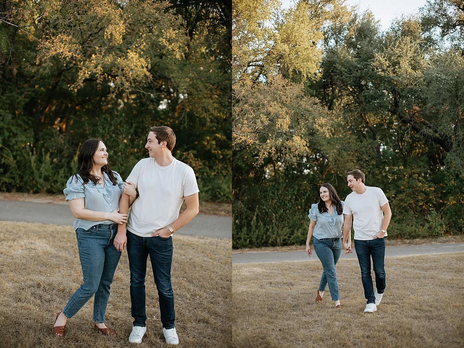  couple wearing denim and white outfits in field by Jessie Shaw Photo 