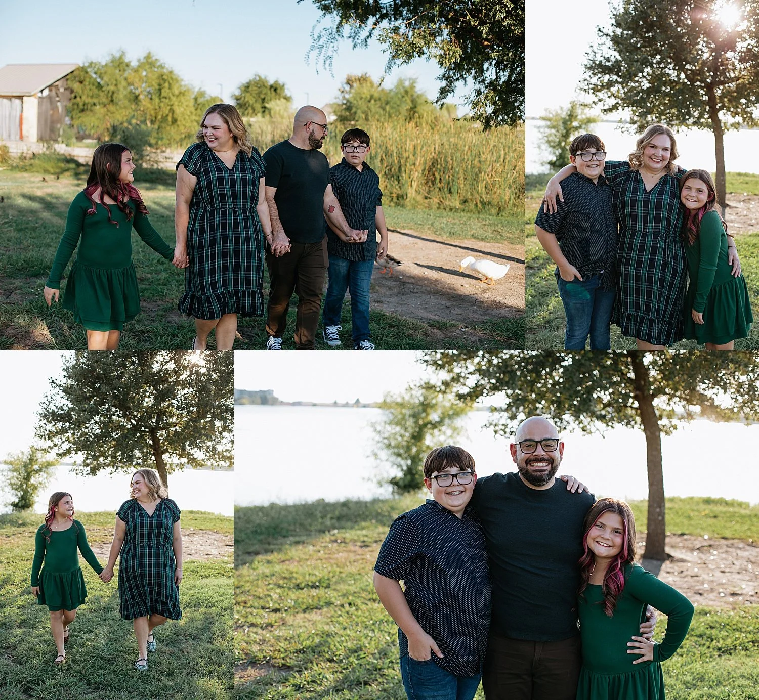  two kids stand with their mom and dad during golden hour for photos at Lake Pflugerville 