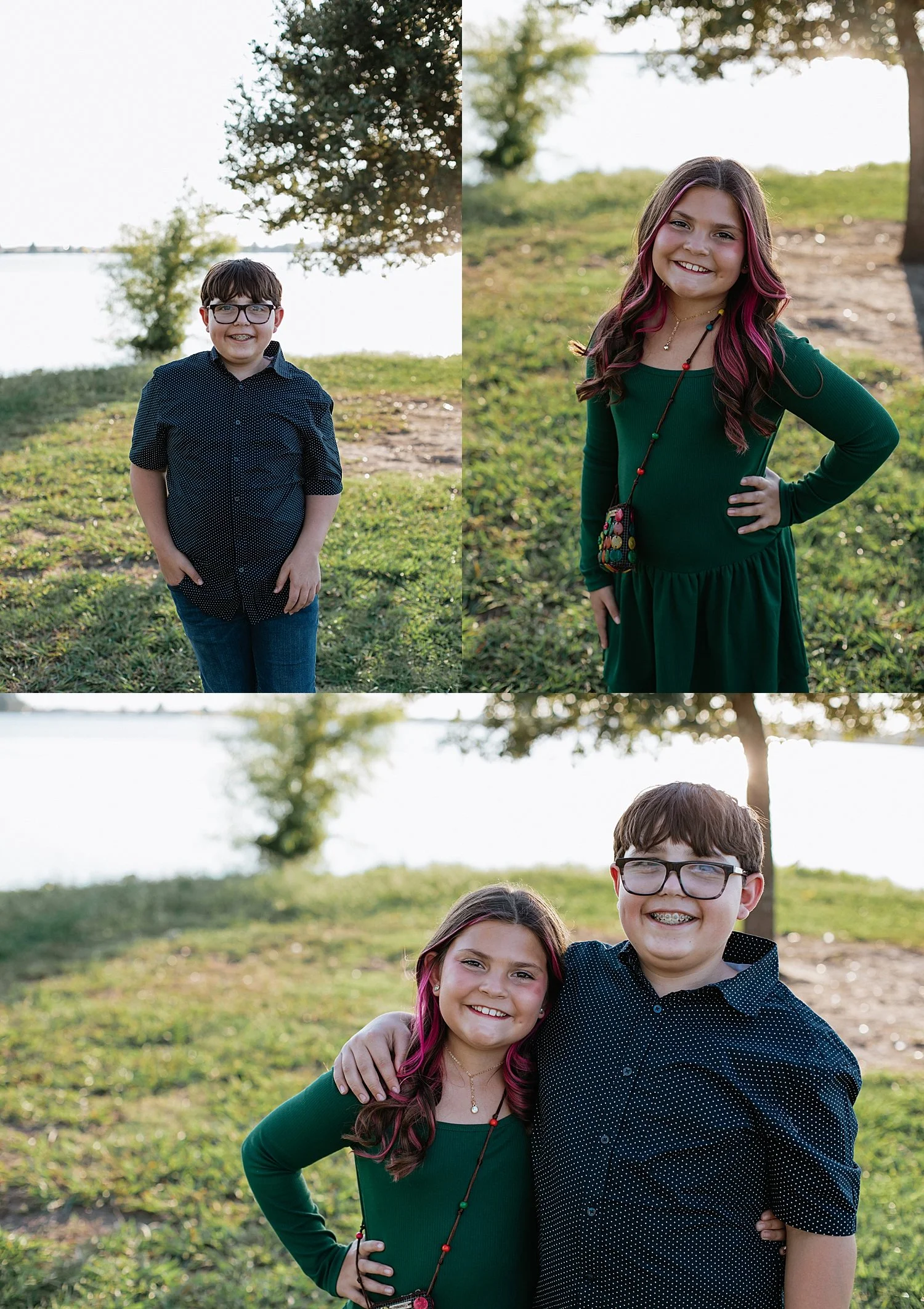  siblings stand together in golden hour light by Round Rock family photographer 
