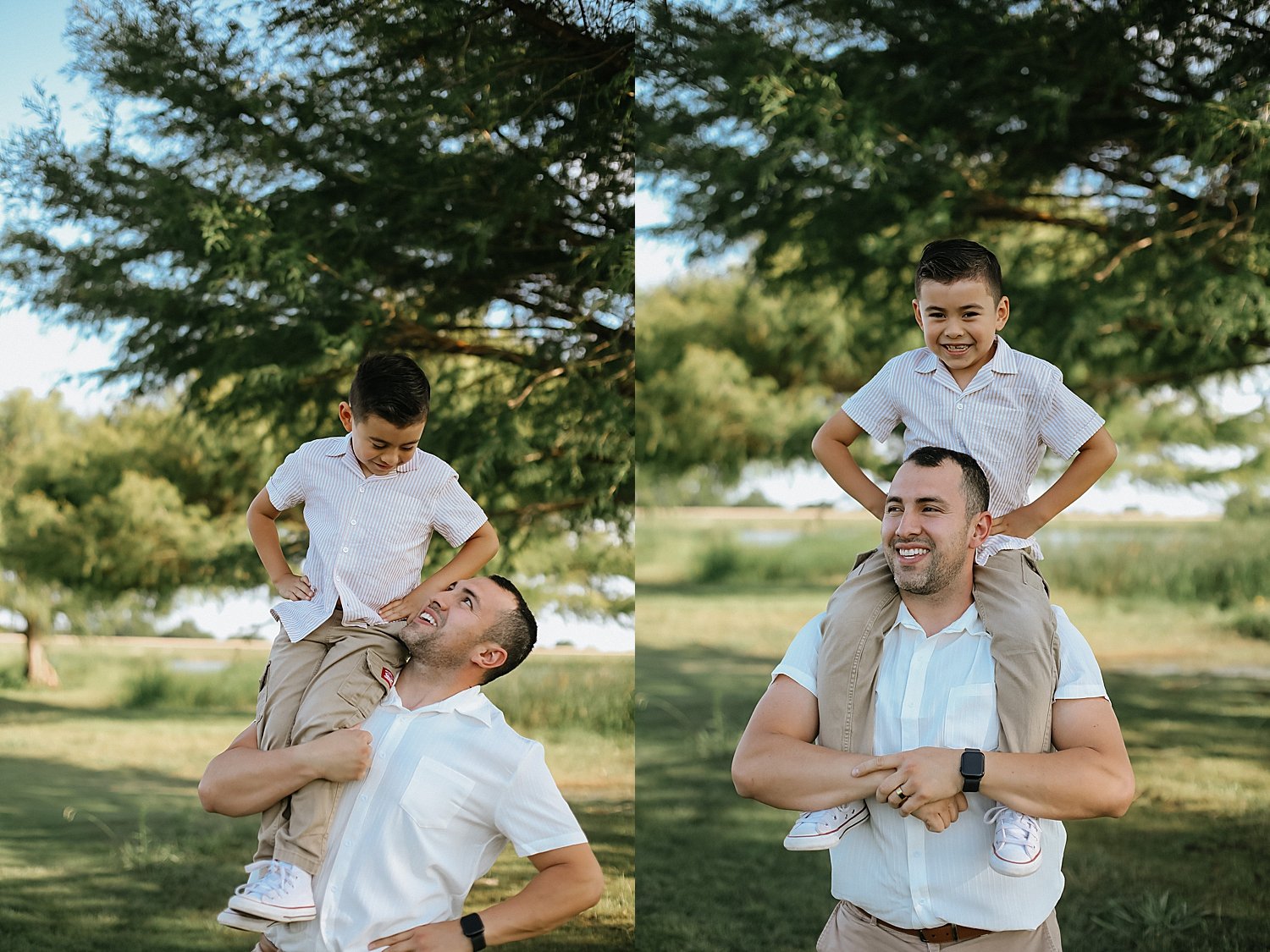  dad holds young son on his shoulders by Jessie Shaw Photo 