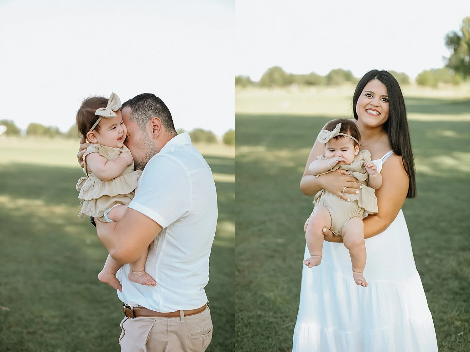  mom and dad hold baby daughter by trees by Round Rock family photographer 